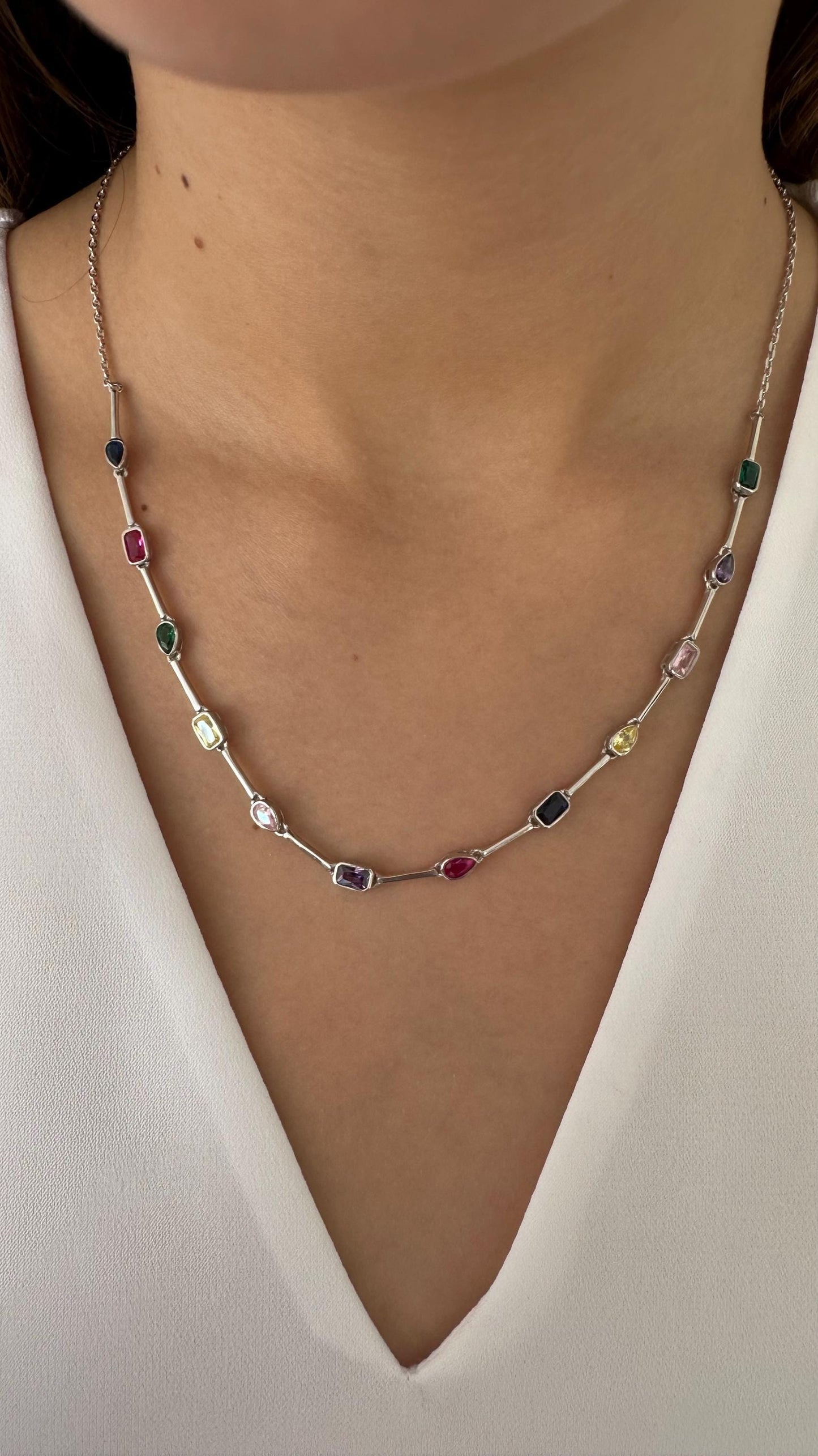 Colorful CZ Gemstone Necklace, 14k Gold Sterling Silver Layering Crystal Jewelry Gift