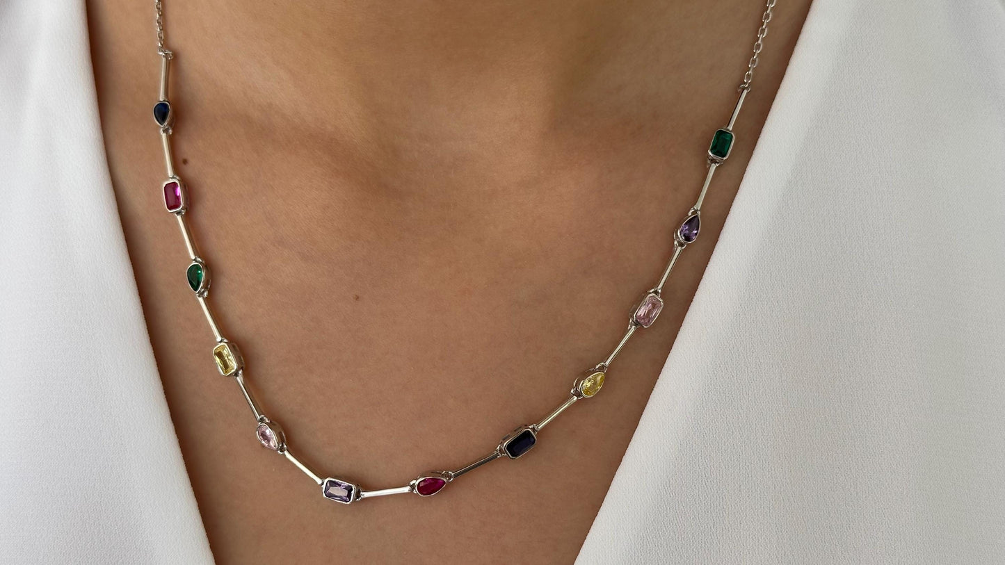 Colorful CZ Gemstone Necklace, 14k Gold Sterling Silver Layering Crystal Jewelry Gift