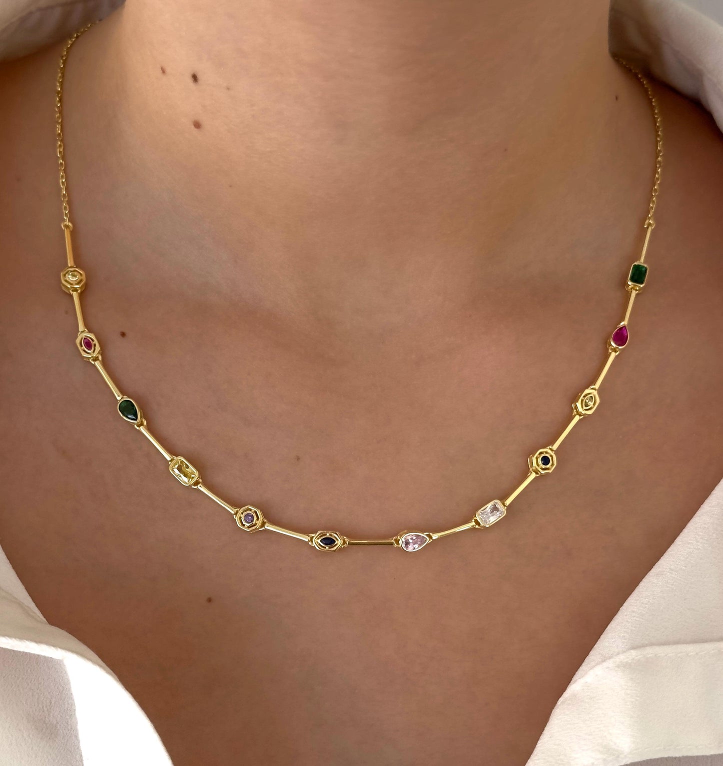 Colorful CZ Gemstone Necklace, 14k Gold Sterling Silver Layering Crystal Jewelry Gift