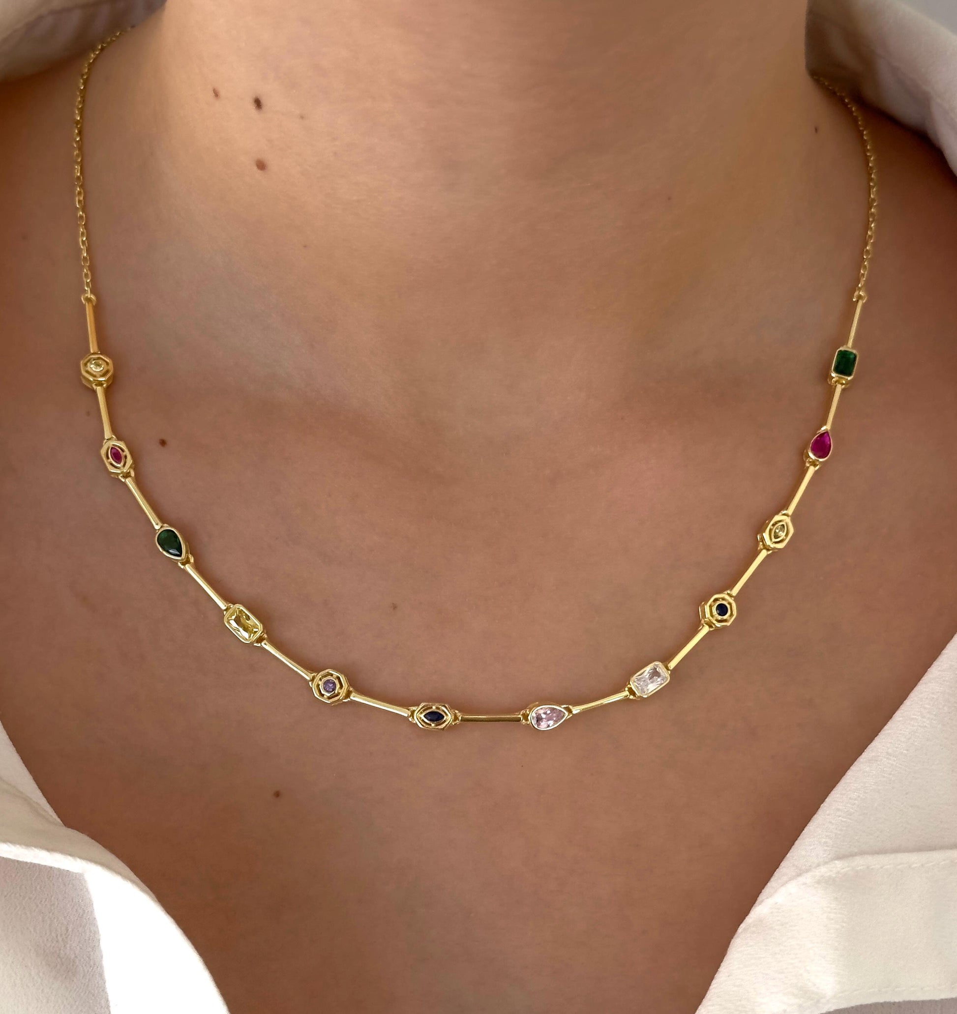 Colorful CZ Gemstone Necklace, 14k Gold Sterling Silver Layering Crystal Jewelry Gift
