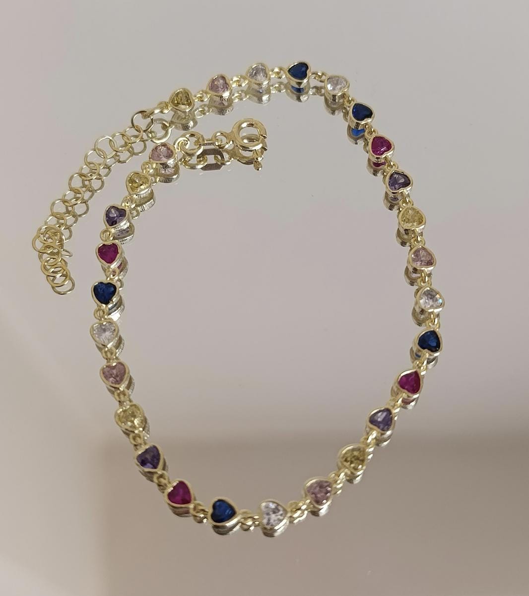 Colorful CZ Chain Bracelet ‚Äì Multicolor Heart Diamond Bracelet, 14K Gold Plated 925 Sterling Silver Jewelry for Women & Girls ‚Äì Gift for Her