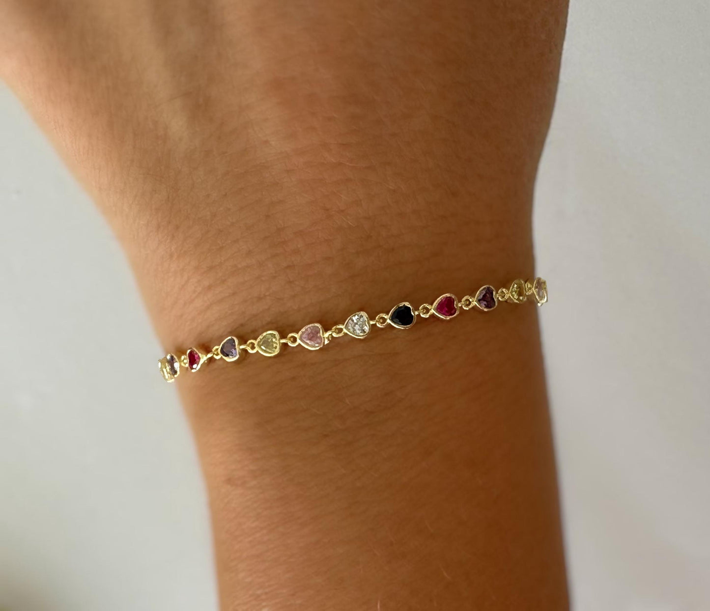 Colorful CZ Chain Bracelet, Multicolor Heart Diamond Bracelet, Gemstone bracelet, 14k Gold Plated 925 Sterling Silver  Handmade Jewelry for Women Girls, Gift for Her, Birthday gift, Christmas gift, Valentine's gift, Anniversary gift