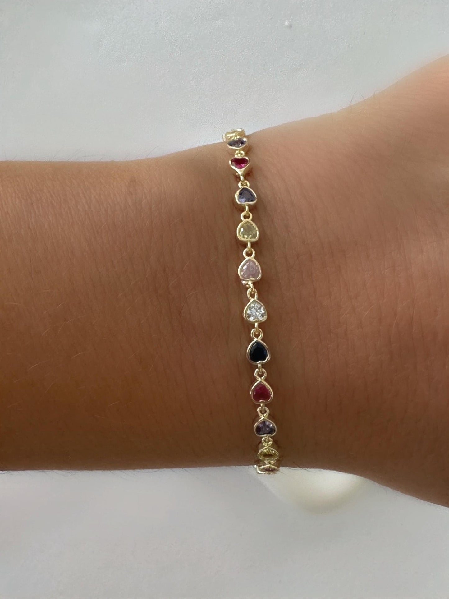 Colorful Heart Bracelet: Multicolor CZ Diamond 14k Gold Plated Sterling Silver Jewelry