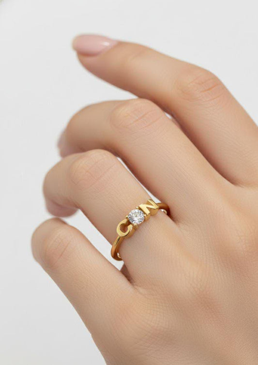 Couples initial ring with CZ diamond center in 14k gold plated 925 sterling silver adjustable band