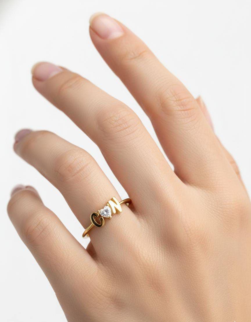 Custom couples initial ring with diamond CZ worn on hand minimalist gold jewelry
