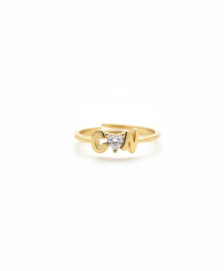 Personalized two initial ring with solitaire cubic zirconia adjustable sterling silver band