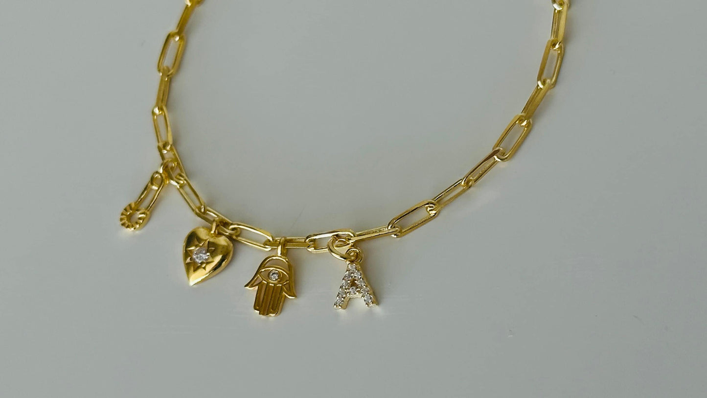 Custom Diamond Initial Bracelet: Sterling Silver, CZ Gemstone letter, Hamsa, Heart Charm, Personalized Jewelry