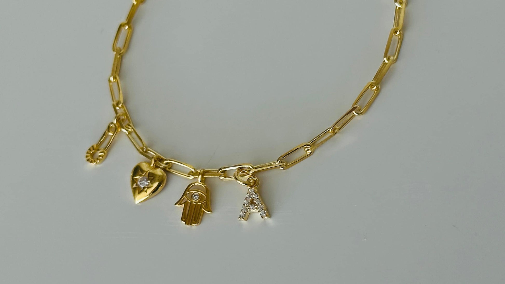 Custom Diamond Initial Bracelet: Sterling Silver, CZ Gemstone letter, Hamsa, Heart Charm, Personalized Jewelry