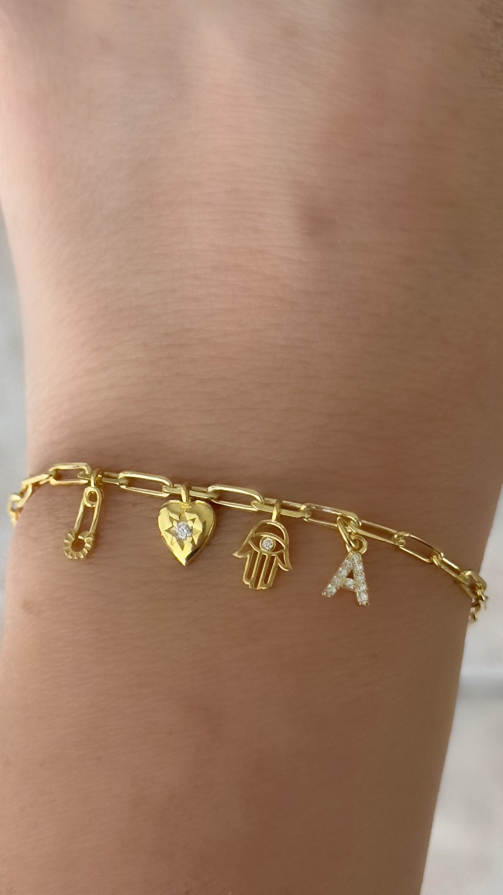 Custom Diamond Initial Bracelet: Sterling Silver, CZ Gemstone letter, Hamsa, Heart Charm, Personalized Jewelry