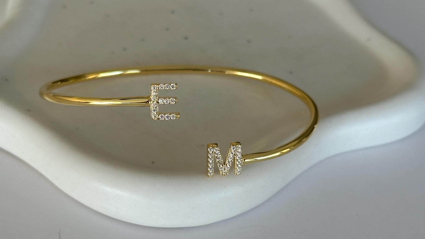 Custom Diamond Initial Cuff Bracelet: CZ Gemstone Letter Sterling Silver Personalized Jewelry Gift