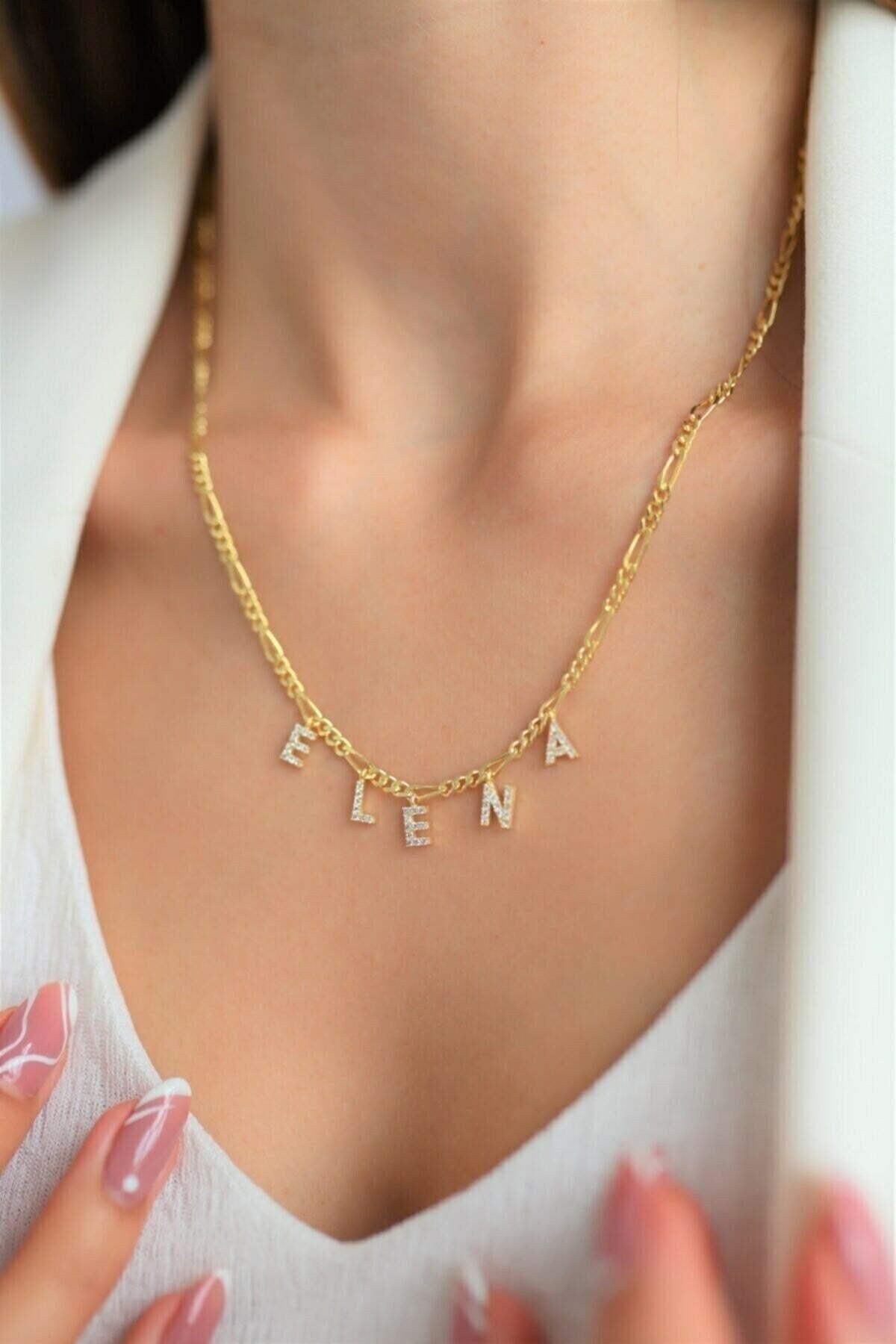 Diamond name necklace with CZ pave letters on Figaro chain ‚Äì personalized jewelry gift 925 Sterling silver 14k Gold Plated.