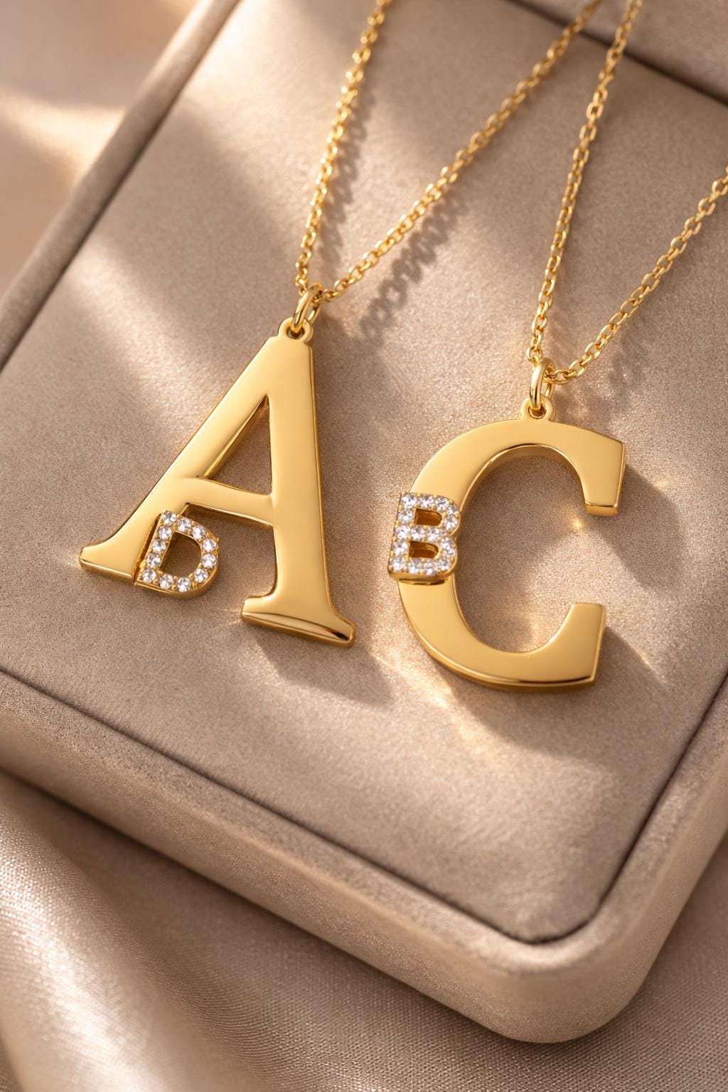 Personalized double initial gold necklace with sparkling cubic zirconia accent letters on large pendant