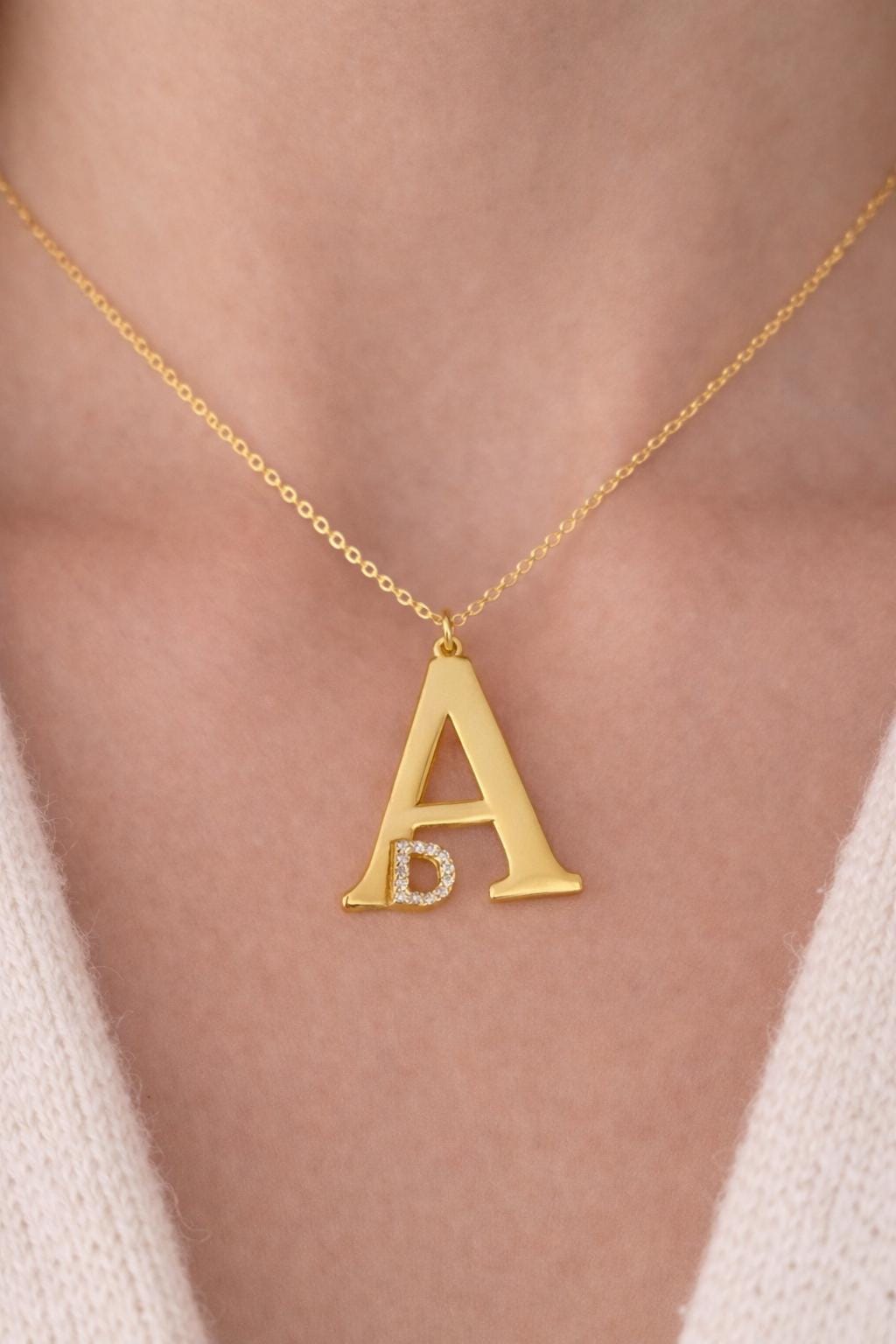 Custom two letter necklace in 14K gold plated finish with bold oversized initial pendant