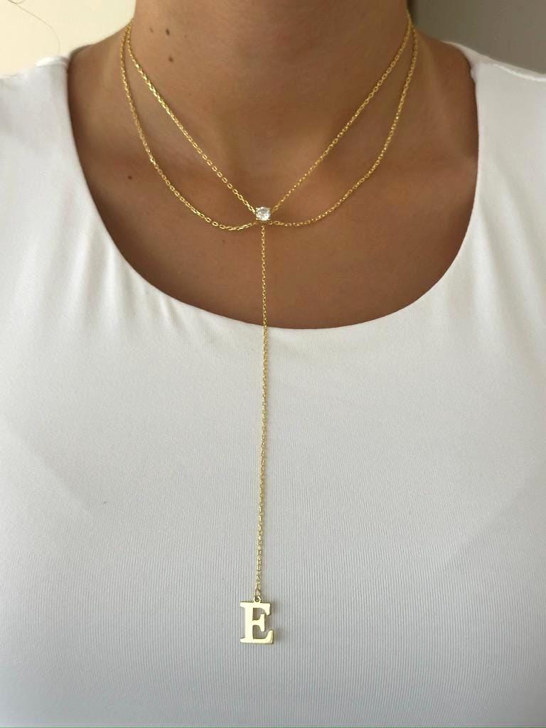 Custom Initial Lariat Necklace: Sterling Silver CZ Clear Gemstone Solitaire, Personalized Y Drop Chain, Gifts for Women Girls