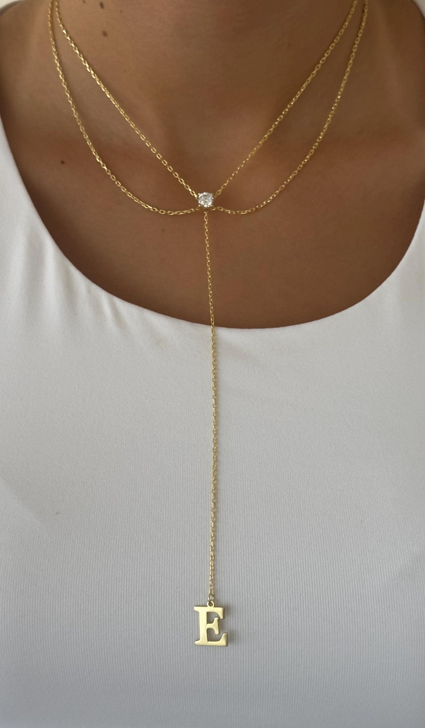Custom Drop Initial Lariat Y Necklace: Sterling Silver Solitaire Diamond Pendant, Personalized Jewelry