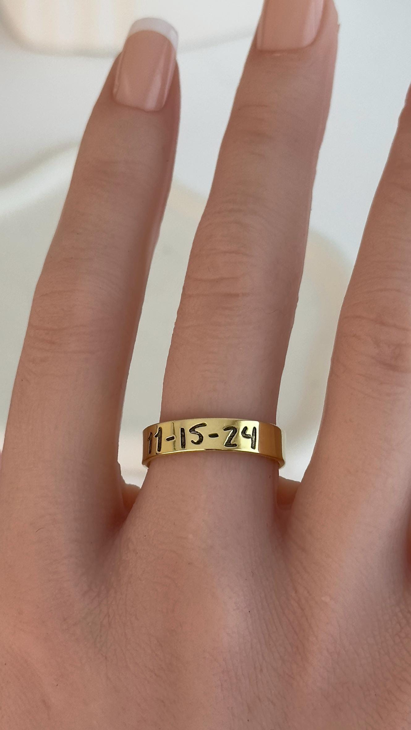Custom Handwriting Date Ring: Engraved Sterling Silver Keepsake Memorial Jewelry Gift Wife Husband