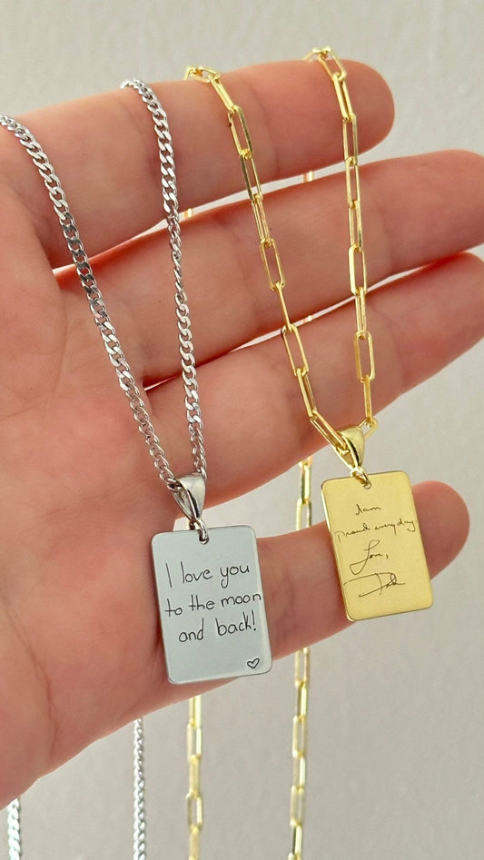 Custom Handwriting Necklace:  Engraved Pendant Signature Message Personalized Jewelry Gifts