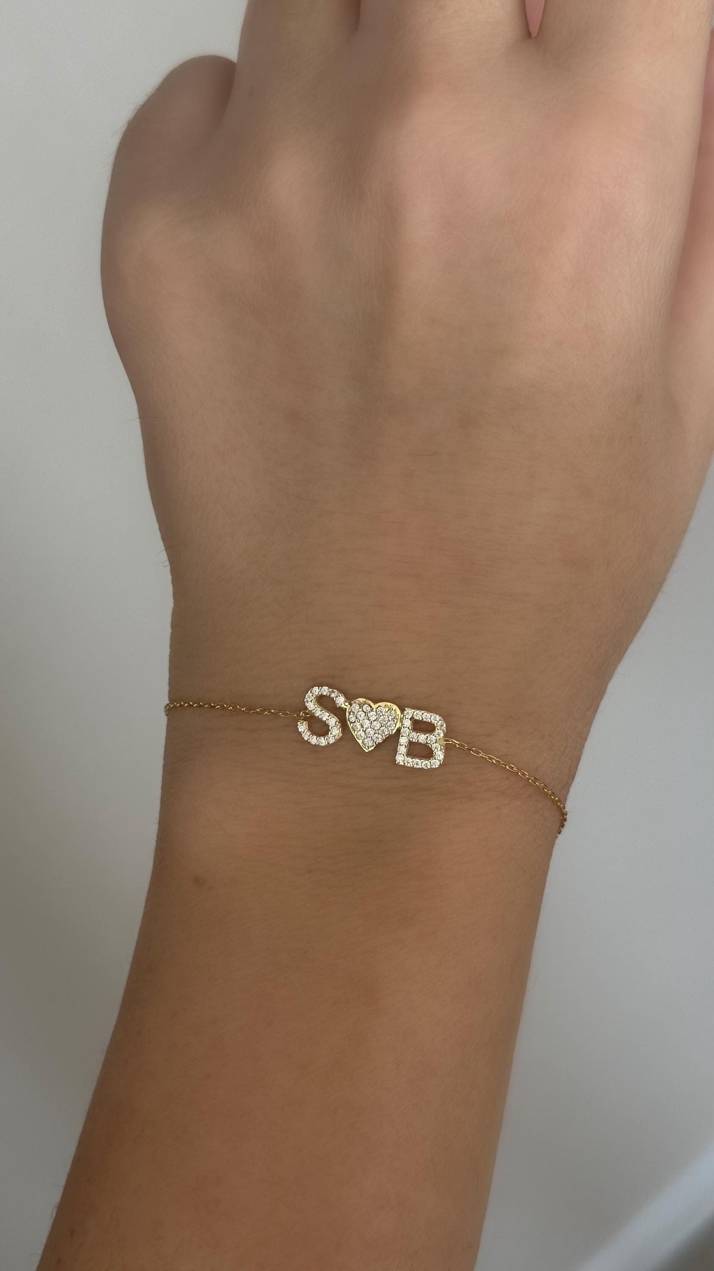 Custom Initial Bracelet, Diamond Heart Bracelet, Dainty Heart Bracelet, Personalized Jewelry, 14k Gold Plated, Gift for her, Gifts for Women, Custom Bracelet, Gift for girlfriend, gift for mom, gift for wife, Handmade Jewelry, 925 Sterling Silver