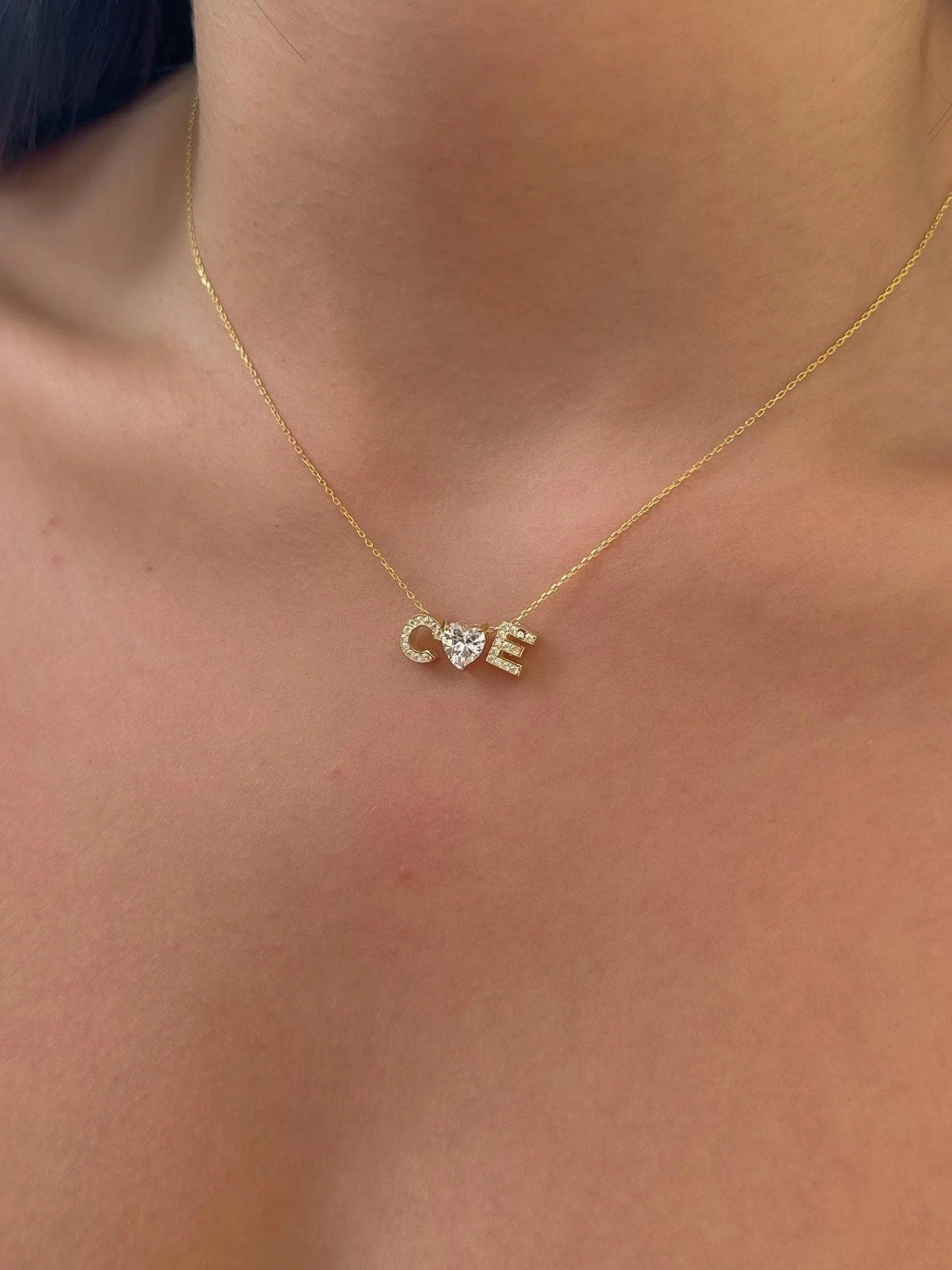 Custom Initial Heart Necklace: Minimalist CZ Diamond Pendant Personalized Jewelry Gifts