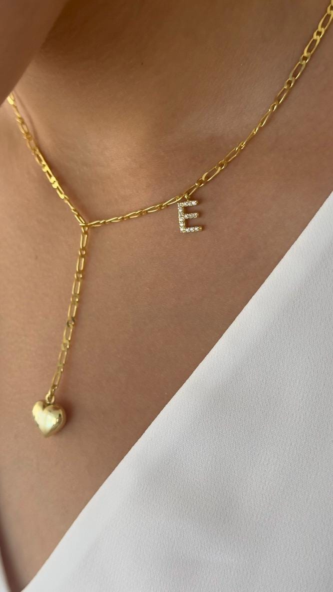 Custom Lariat Necklace, Puffy Heart Necklace Gold, Diamond Initial Letter Necklace,  Long Y Drop Necklace, Personalized Jewelry Gift for Her