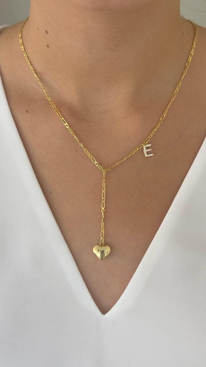 Custom Initial Lariat Necklace: Puffy Heart, CZ Letter, Sterling Silver