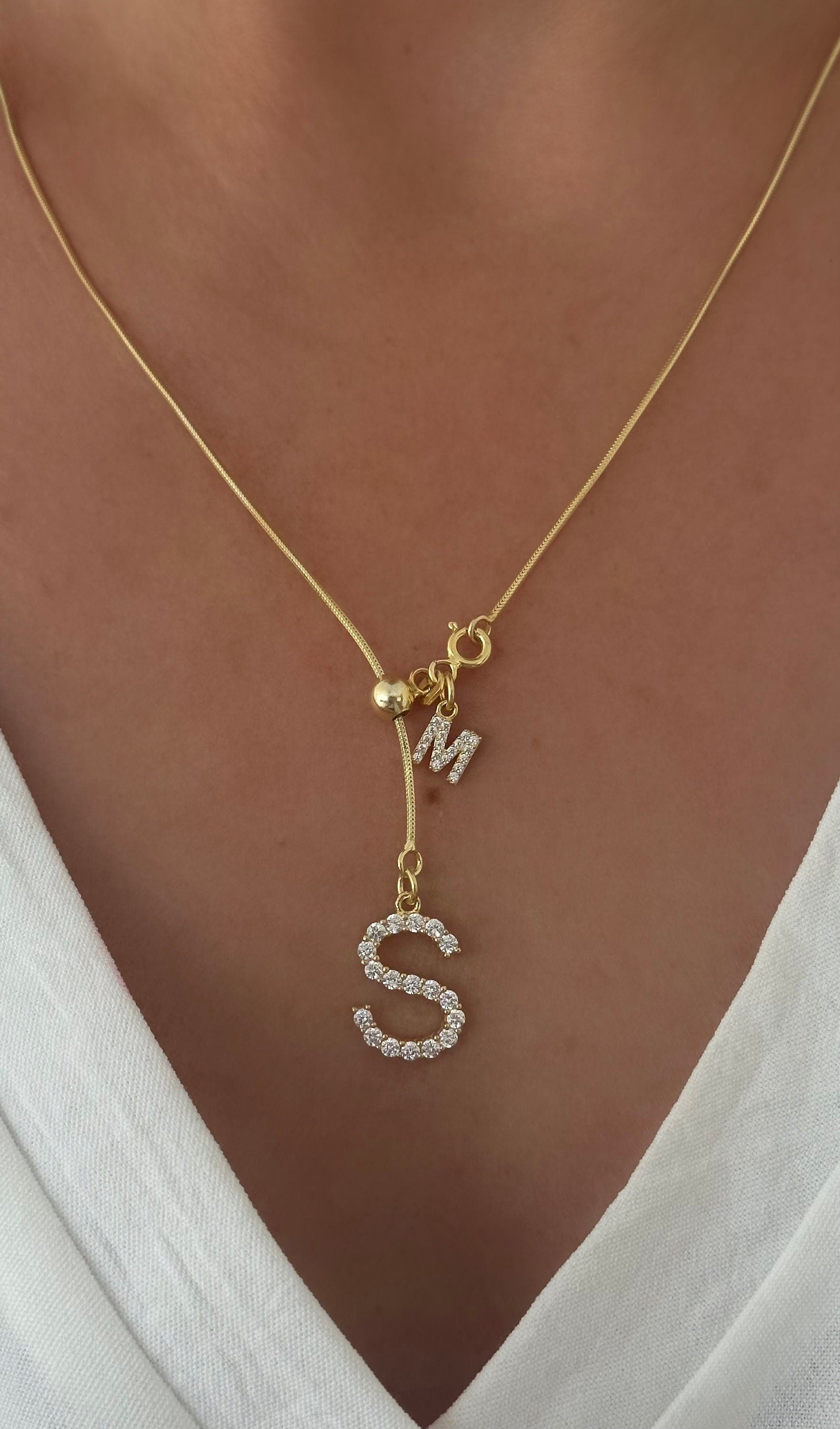 Custom Initial Lariat Y Necklace - Diamond Letter Pendant, 14k Gold, Sterling Silver, Personalized Jewelry