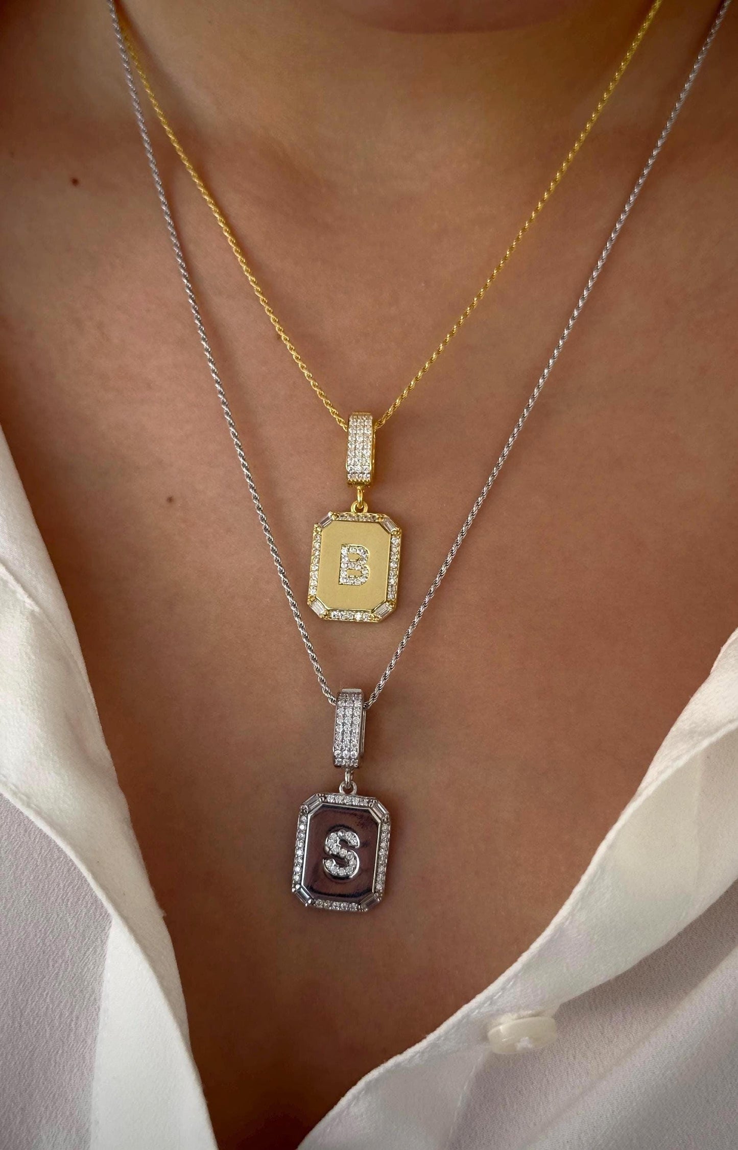 Custom Initial Necklace, Rectangular shape Letter Pendant with CZ Dimaond Gemstone, Personalized Jewelry Gift for Women
