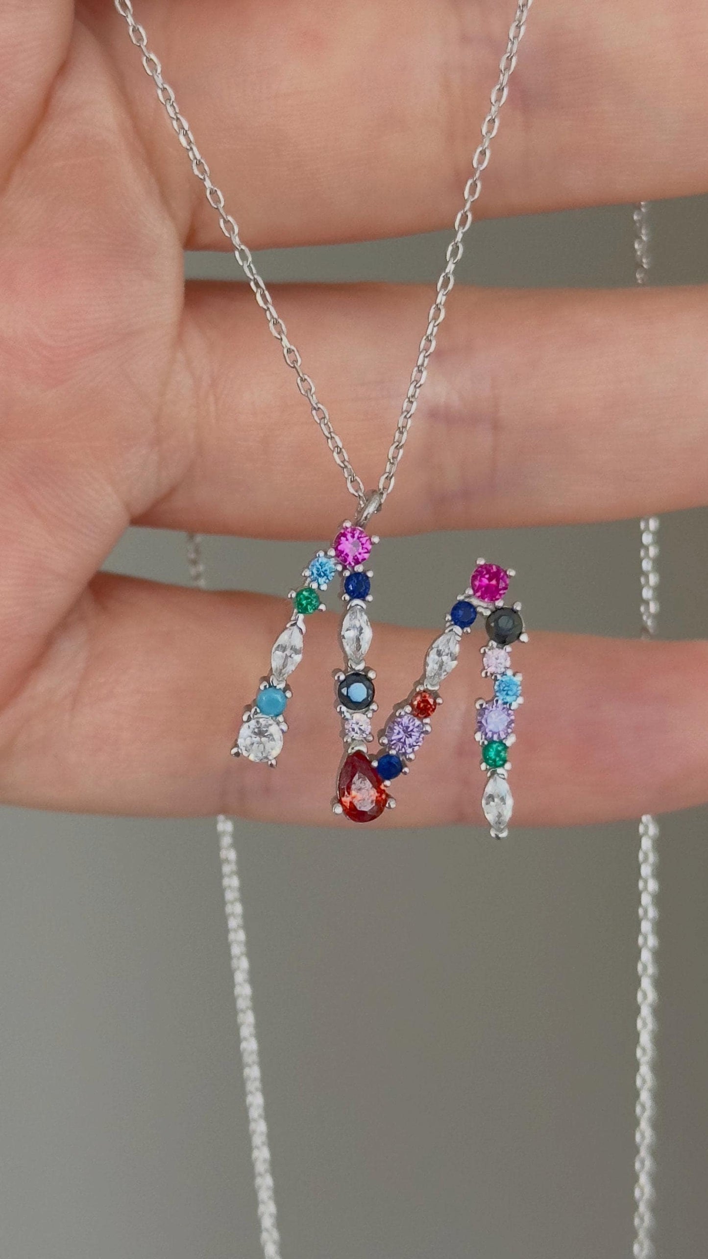 Custom Initial Necklace: Multicolor CZ Gemstone Colorful Letter Diamond Pendant Personalized Jewelry