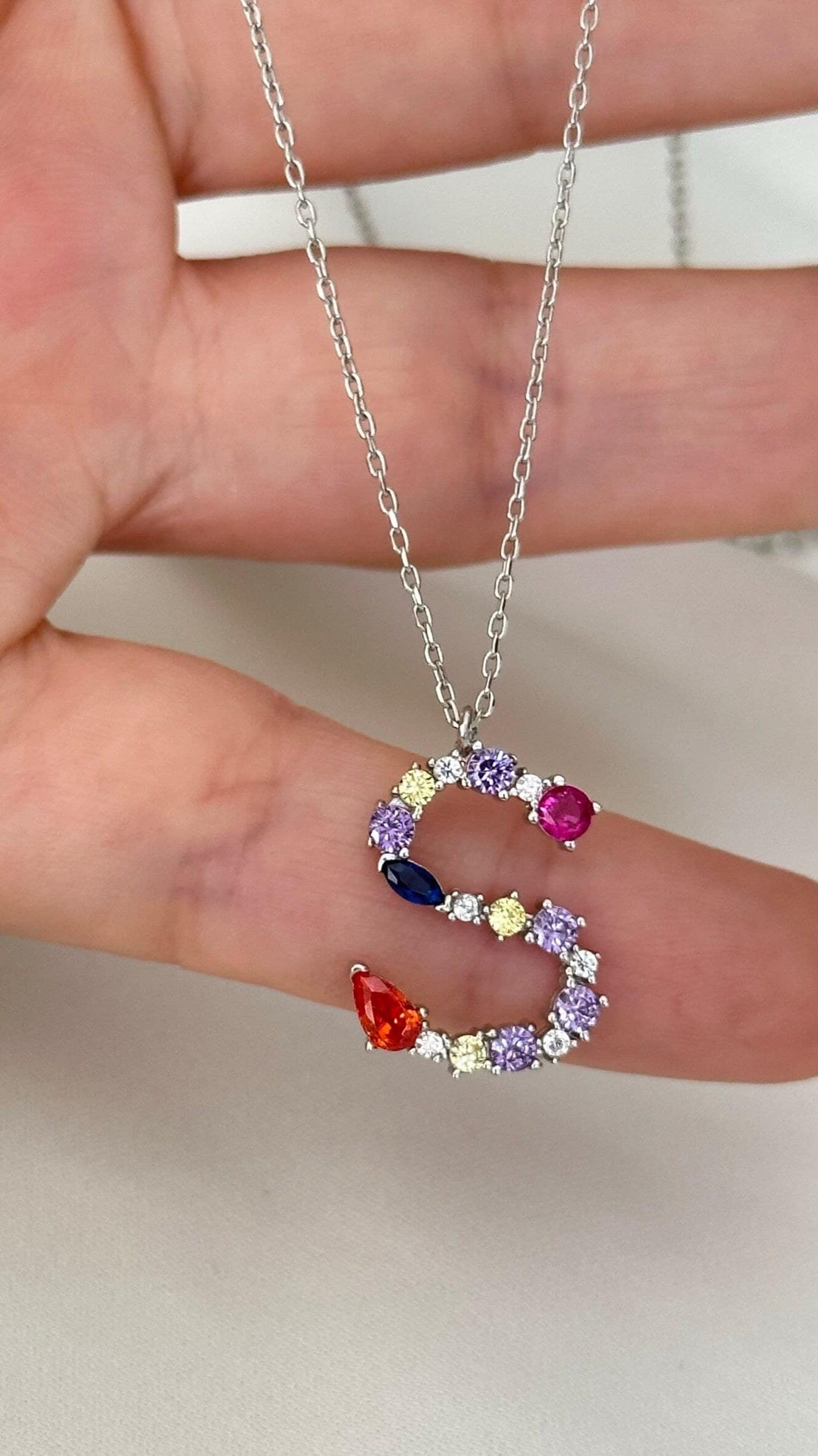 Custom Initial Necklace: Multicolor CZ Gemstone Colorful Letter Diamond Pendant Personalized Jewelry