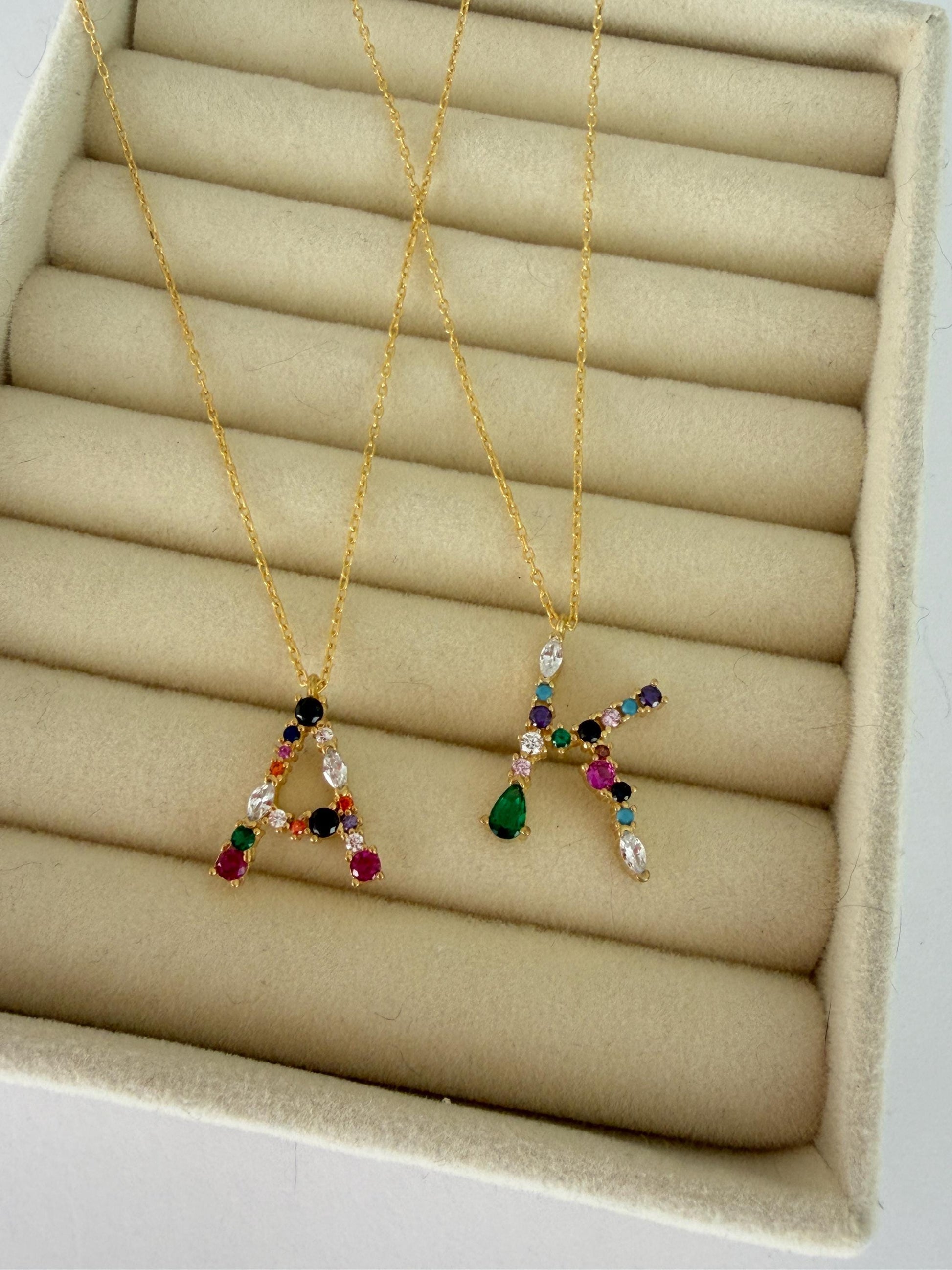 Custom Initial Necklace: Multicolor CZ Gemstone Colorful Letter Diamond Pendant Personalized Jewelry