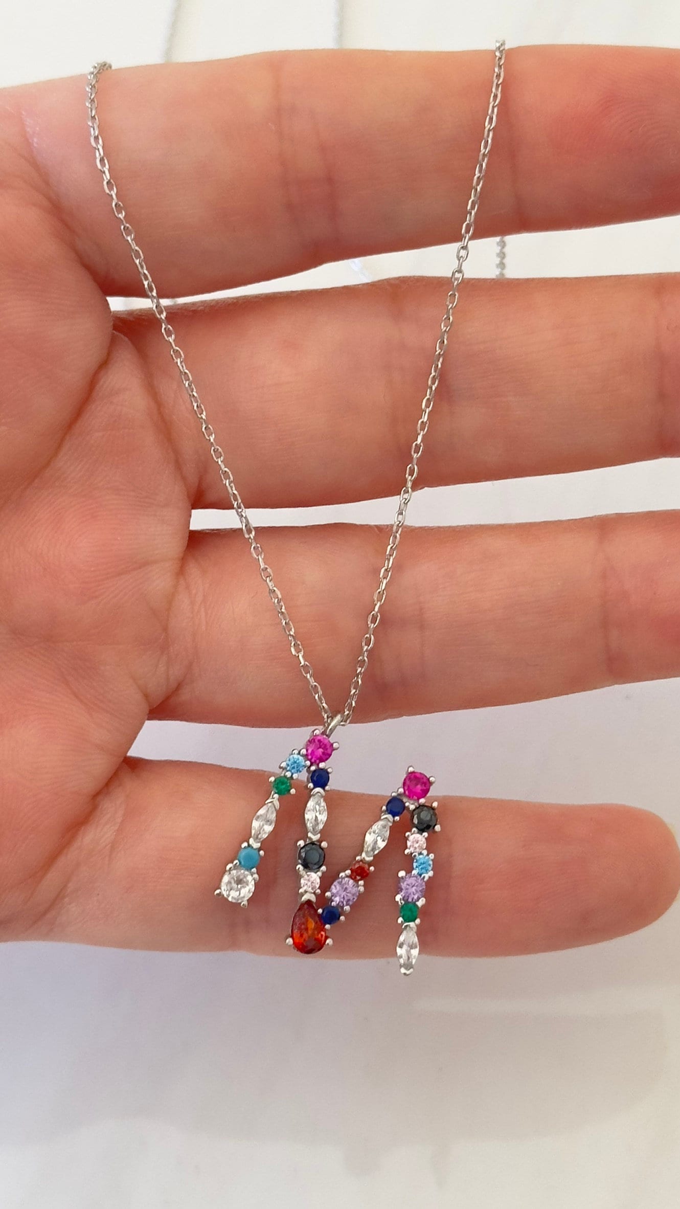 Custom Initial Necklace: Multicolor CZ Gemstone Colorful Letter Diamond Pendant Personalized Jewelry