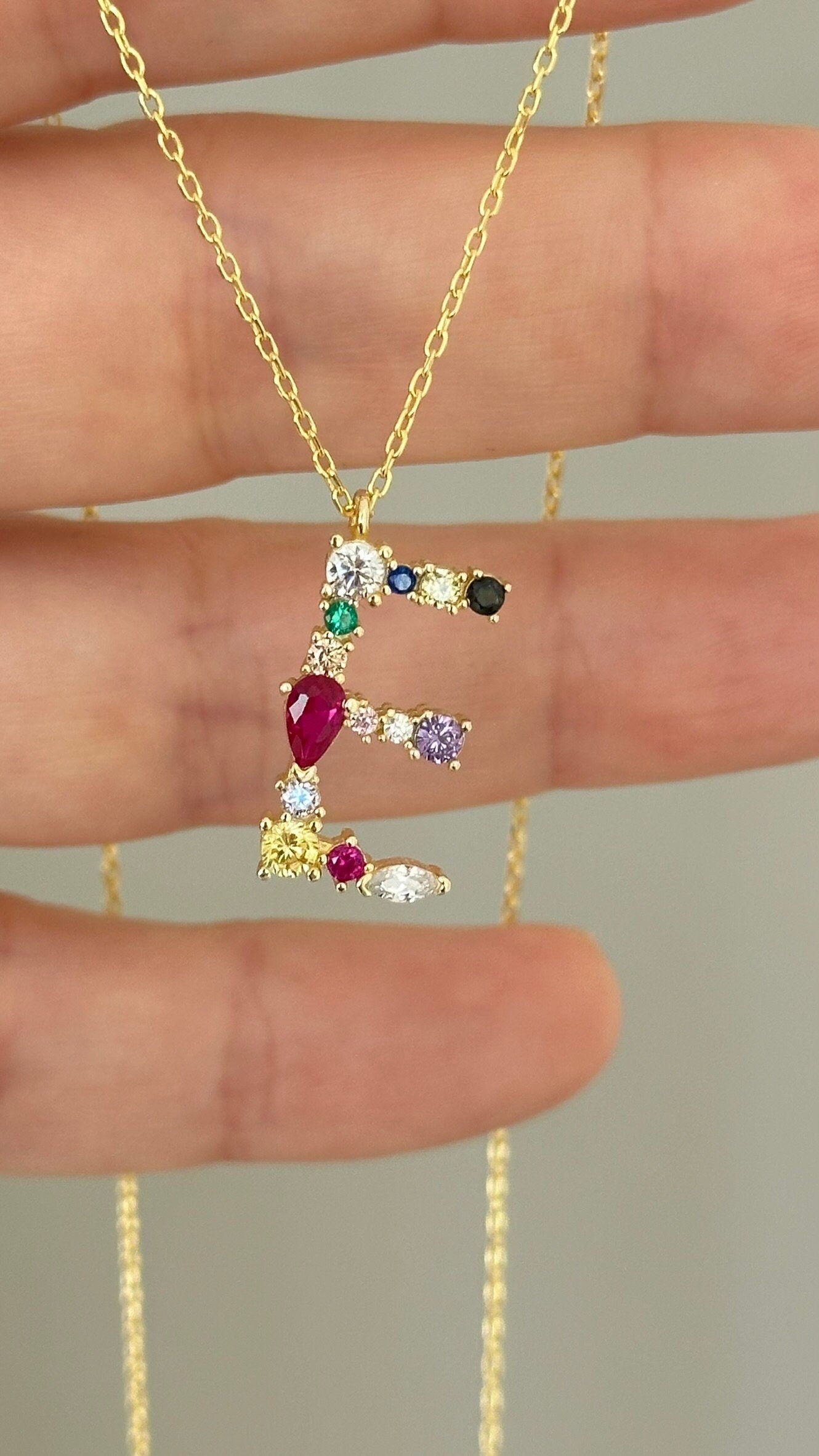 Custom Initial Necklace: Multicolor CZ Gemstone Colorful Letter Diamond Pendant Personalized Jewelry