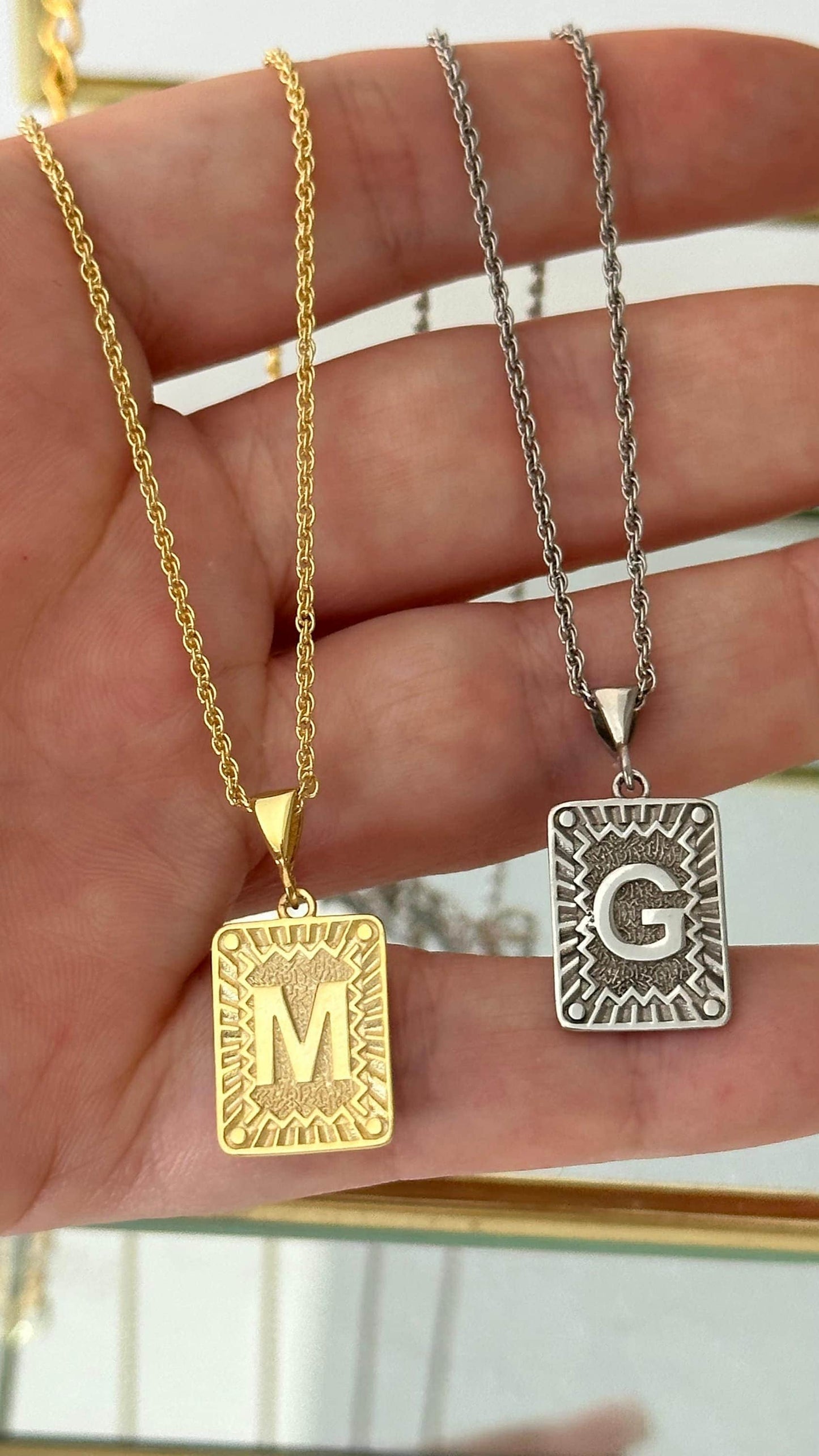 14K gold initial pendant necklace with rectangular medallion, personalized letter necklace handcrafted from 925 sterling silver.