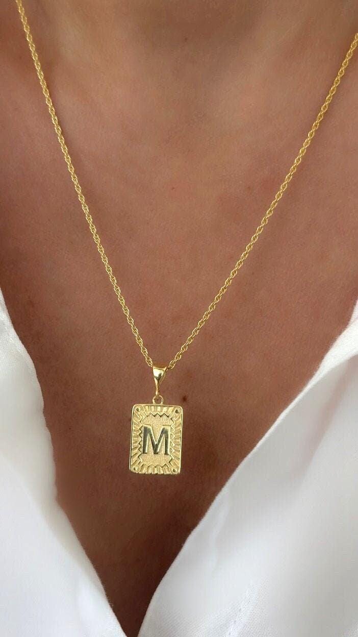 Shineliz 14K gold initial pendant necklace with rectangular medallion, personalized letter necklace handcrafted from 925 sterling silver.