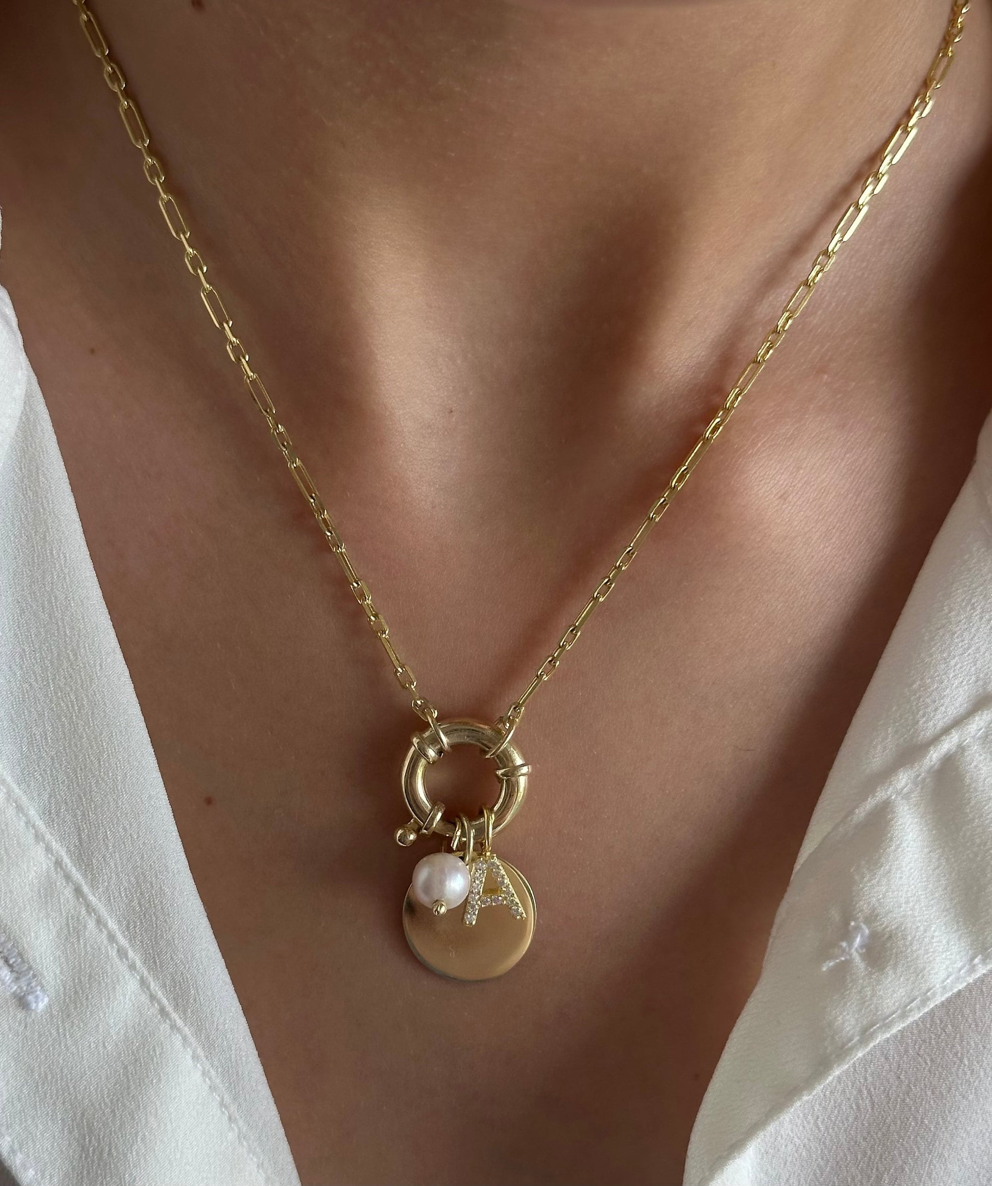 Custom Diamond Initial with Single Pearl Necklace: Round Disc Pendant, Toggle Clasp, 925 Sterling Silver, Freshwater Pearls, Sparkle CZ Gemstone Letter Personalized Jewelry Gifts