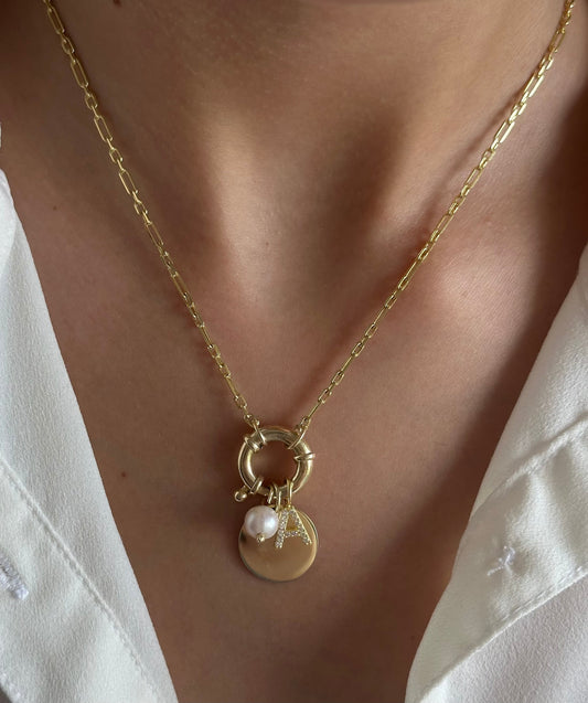 Custom Diamond Initial with Single Pearl Necklace: Round Disc Pendant, Toggle Clasp, 925 Sterling Silver, Freshwater Pearls, Sparkle CZ Gemstone Letter Personalized Jewelry Gifts