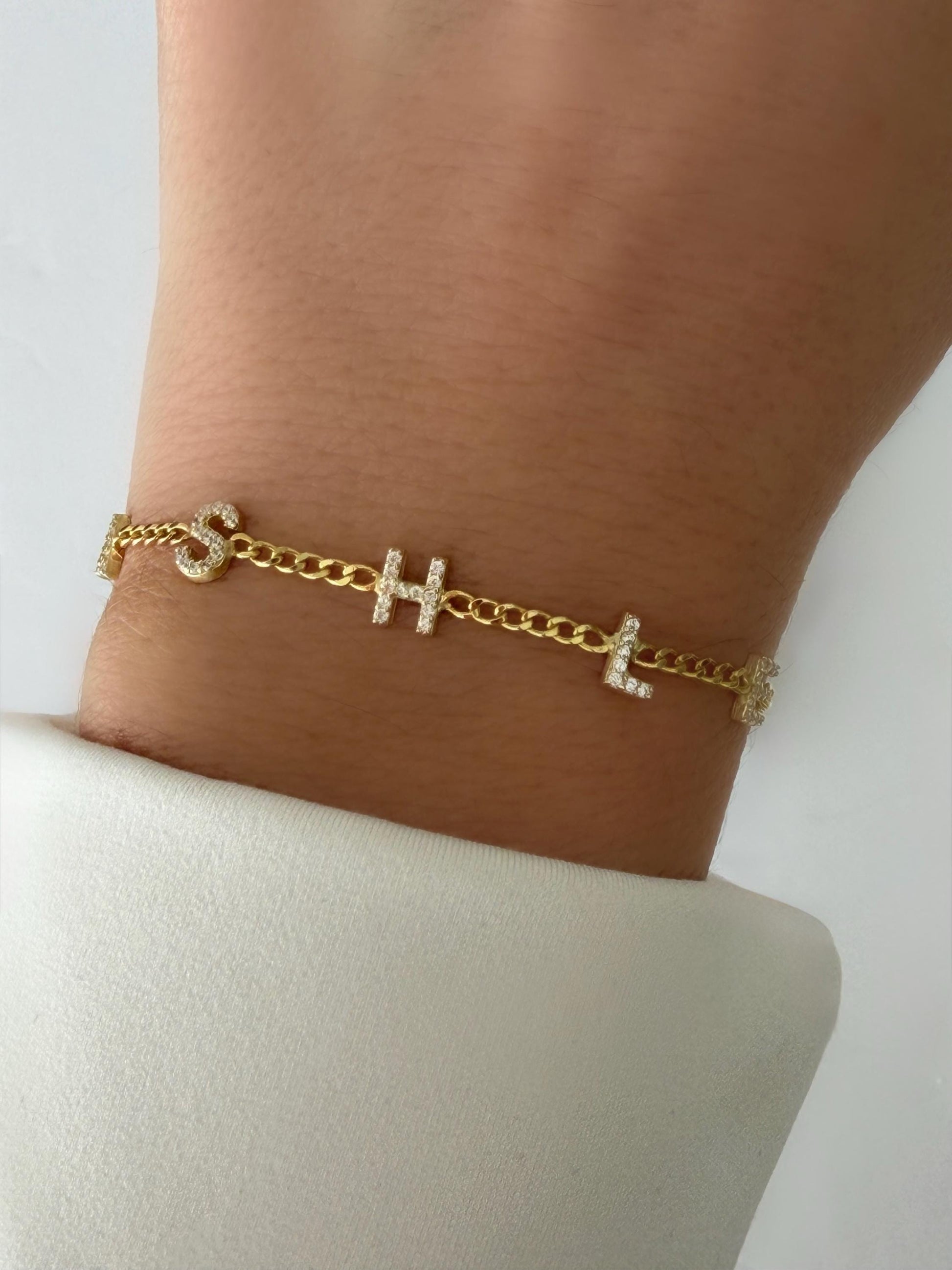 Dainty Custom Name Bracelet, Personalized CZ Gemstone Initials Letters 14K Gold 925 Sterling Silver, Gift for her, birthday, Christmas, mother's day, anniversary, bridesmaid, Valentine's day.