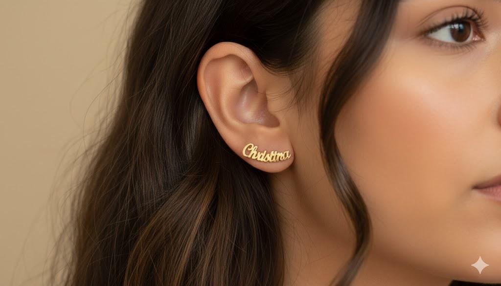 Close-up of custom name earrings with shiny plated finish.