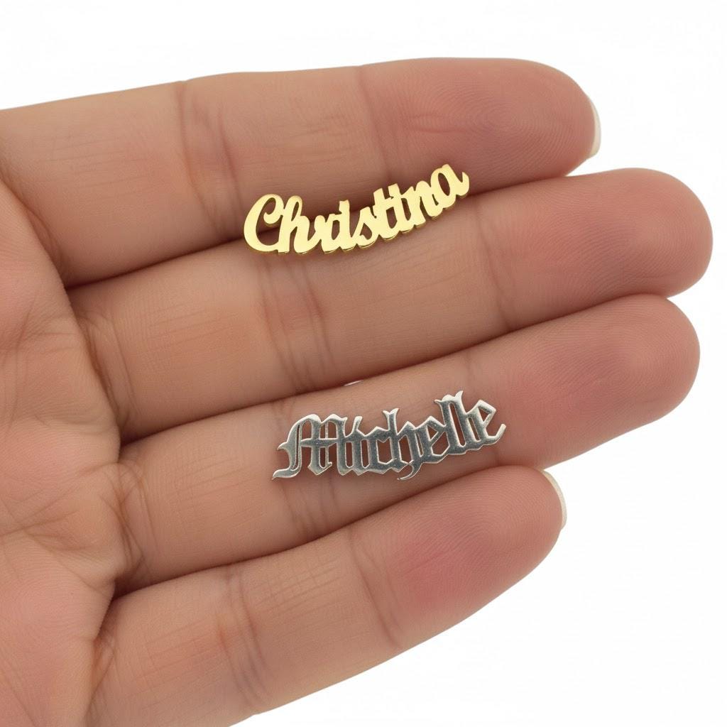 Dainty custom name stud earrings in silver, gold, and rose gold.