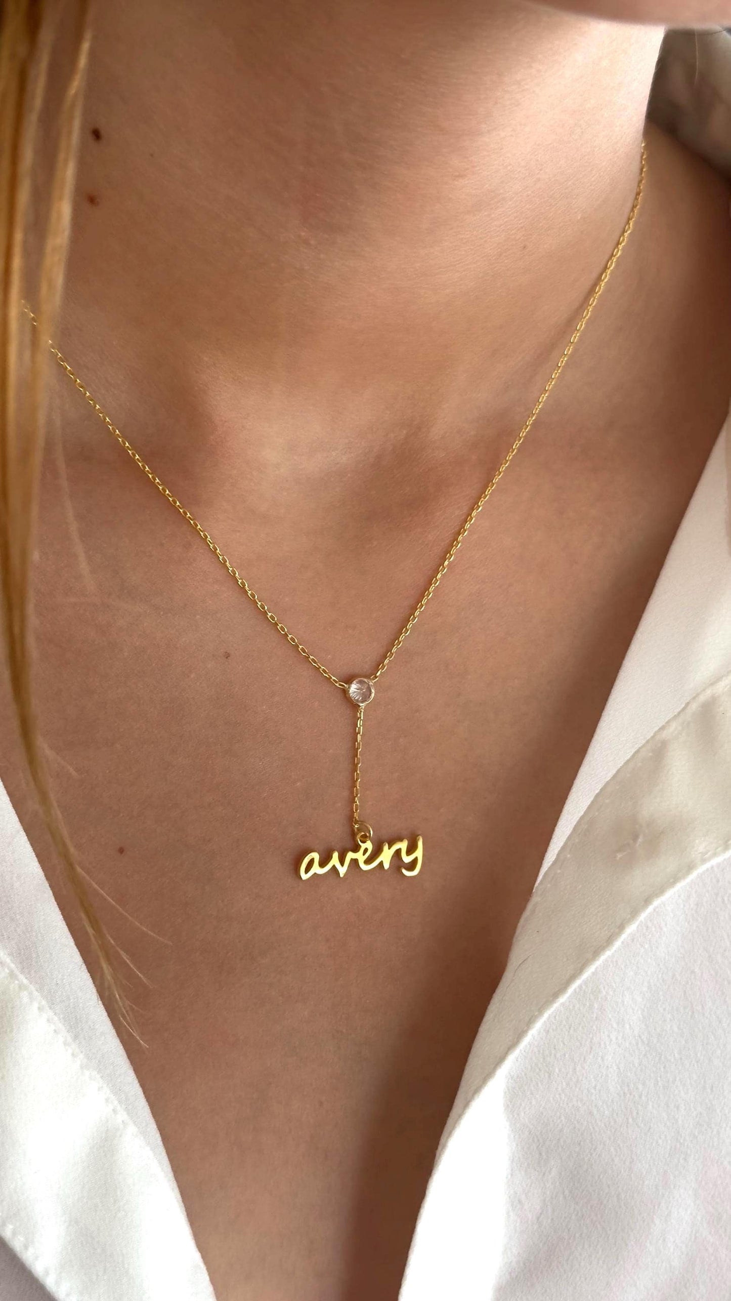 Drop Name Necklace Gold, Custom Dainty Diamond Necklace,  Lariat Y Necklace, Personalized Jewelry Gift for Her, Women 925 Sterling Silver Handmade Jewelry