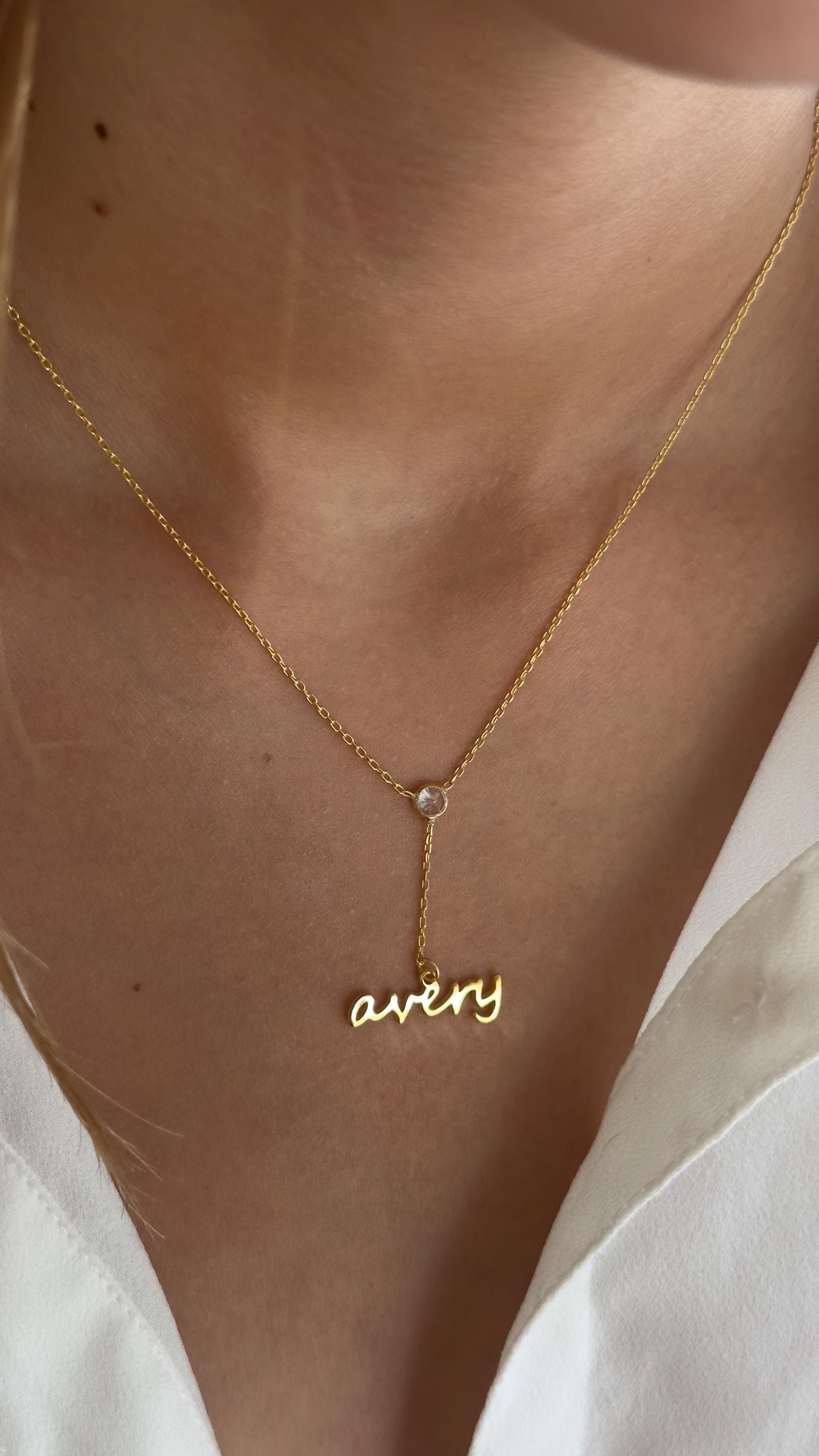 Custom Name Lariat Necklace: 14K Gold Plated Sterling Silver CZ Pendant Personalized Jewelry