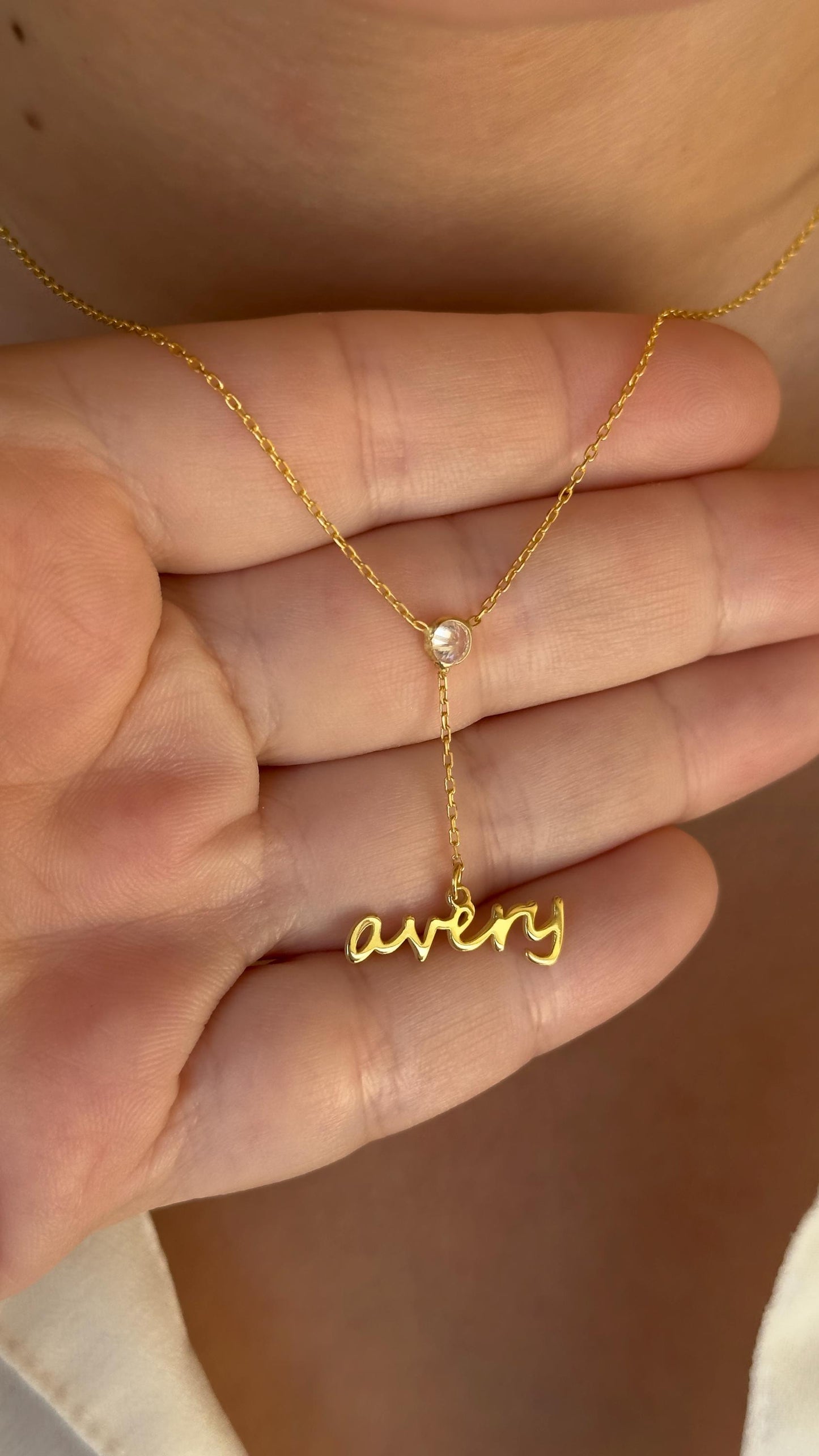Custom Name Lariat Necklace: 14K Gold Plated Sterling Silver CZ Pendant Personalized Jewelry