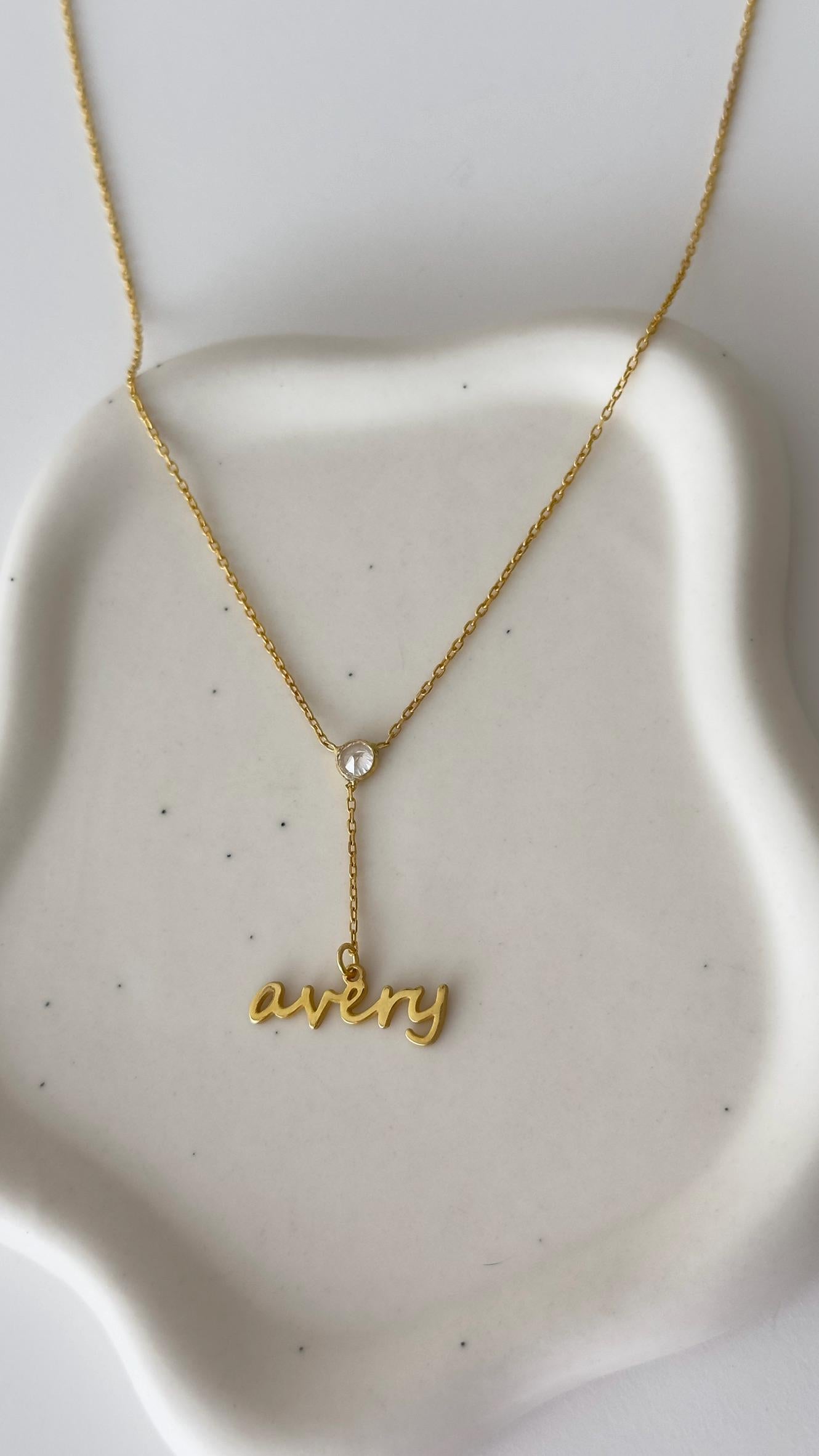 Custom Name Lariat Necklace: 14K Gold Plated Sterling Silver CZ Pendant Personalized Jewelry