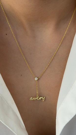 Custom Name Lariat Necklace: 14K Gold Plated Sterling Silver CZ Pendant Personalized Jewelry