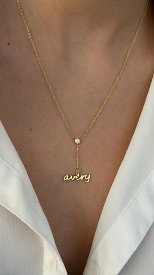 Custom Name Lariat Necklace: 14K Gold Plated Sterling Silver CZ Pendant Personalized Jewelry