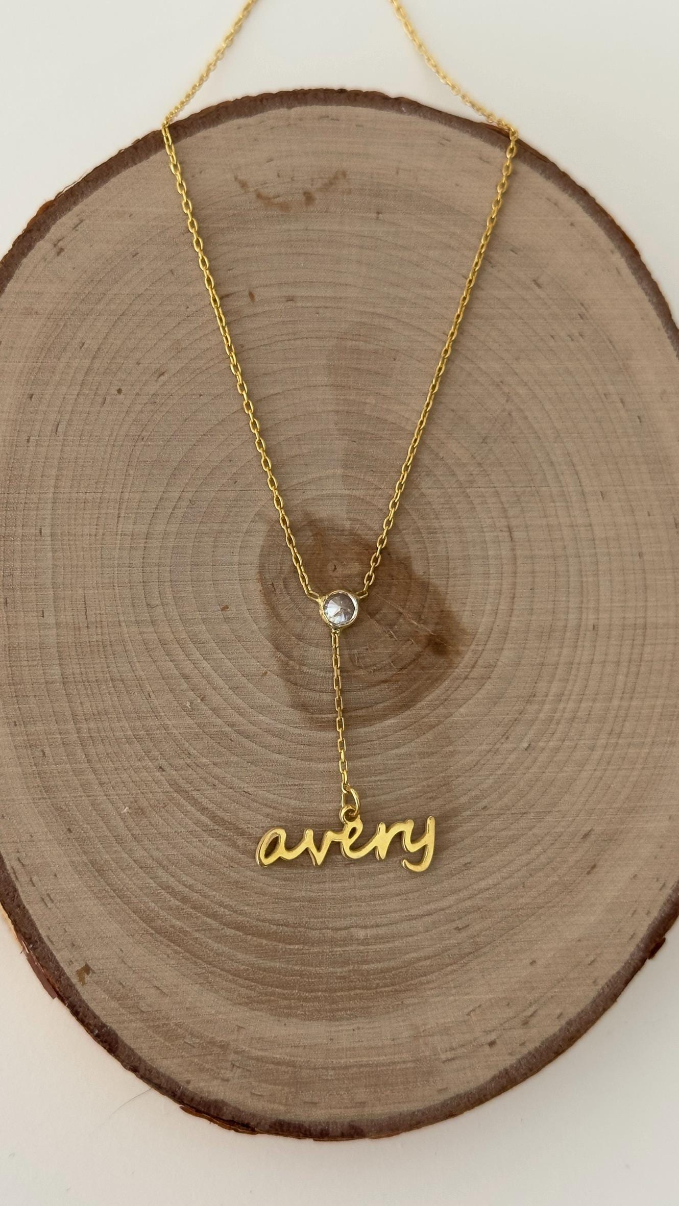 Custom Name Lariat Necklace: 14K Gold Plated Sterling Silver CZ Pendant Personalized Jewelry
