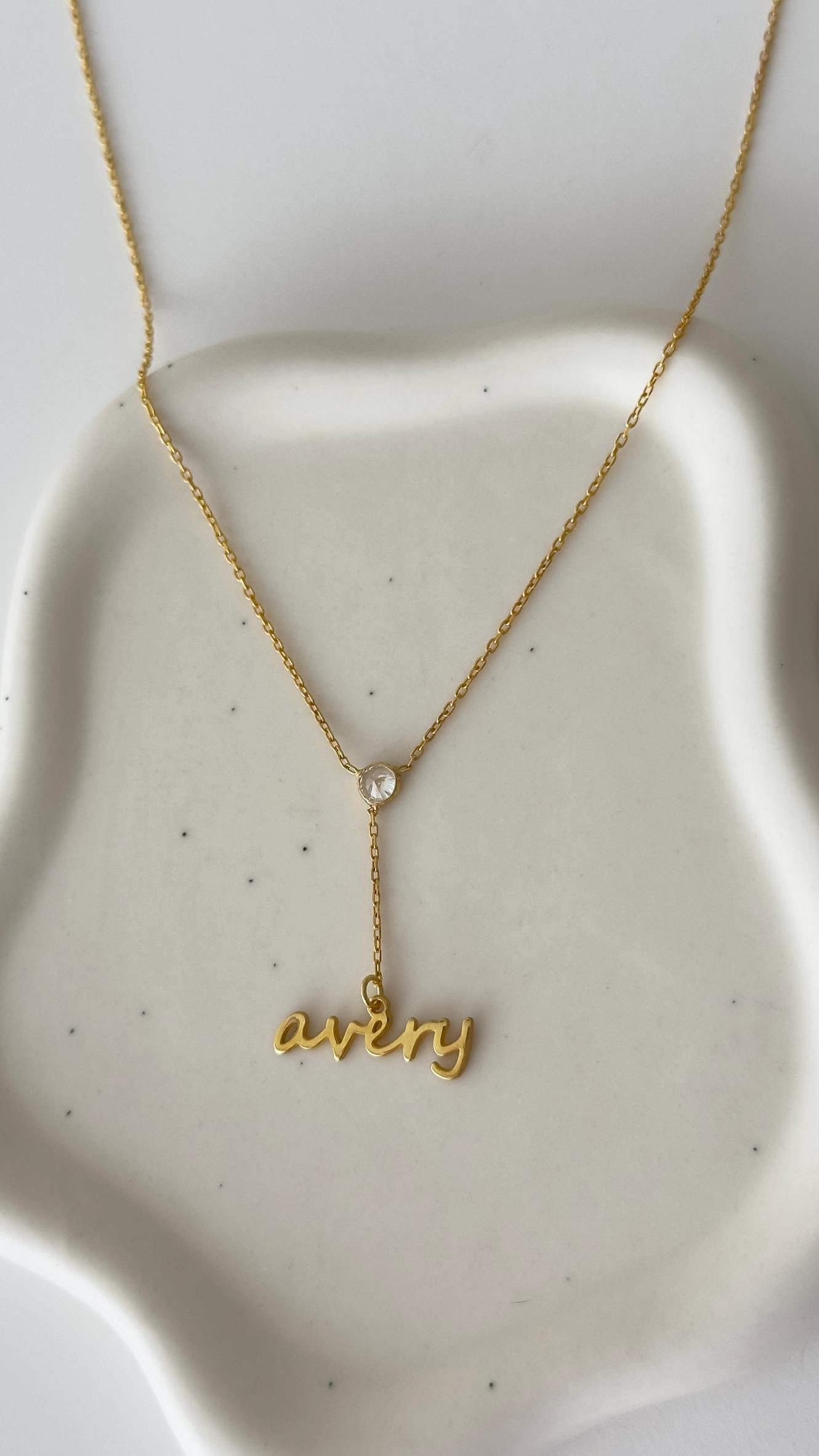 Custom Name Lariat Necklace: 14K Gold Plated Sterling Silver CZ Pendant Personalized Jewelry