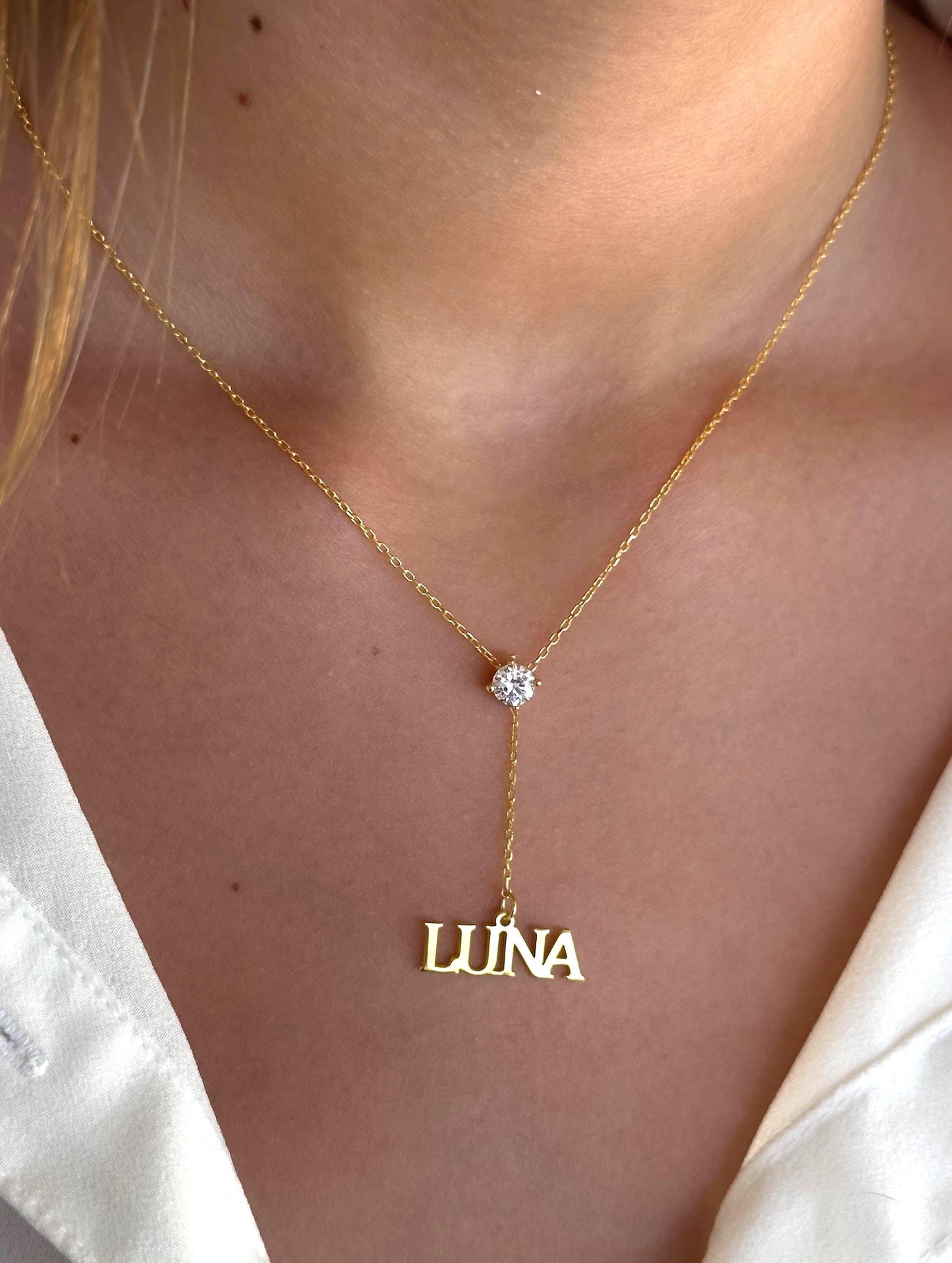 Lariat Name Necklace, Custom Diamond Solitaire Necklace, Dainty Long Y Necklace, Personalized Jewelry Gift for Her Women 925 Sterling Silver