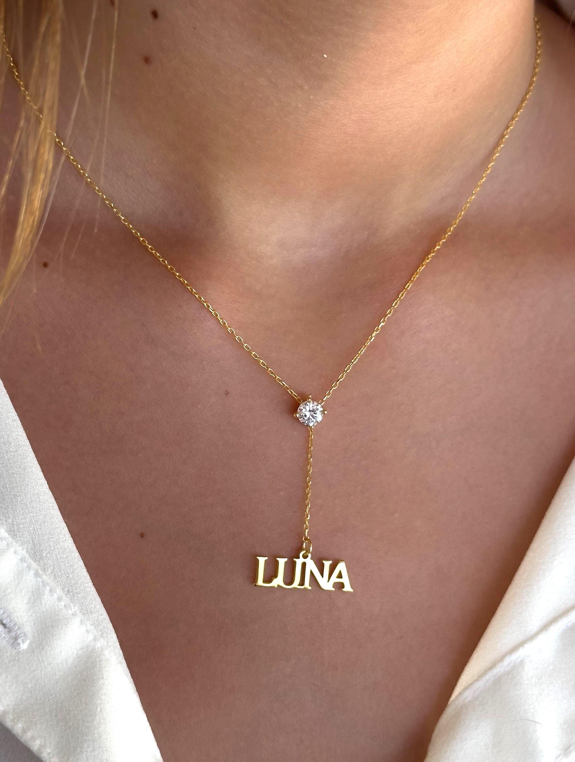 Lariat Name Necklace, Custom Diamond Solitaire Necklace, Dainty Long Y Necklace, Personalized Jewelry Gift for Her Women 925 Sterling Silver