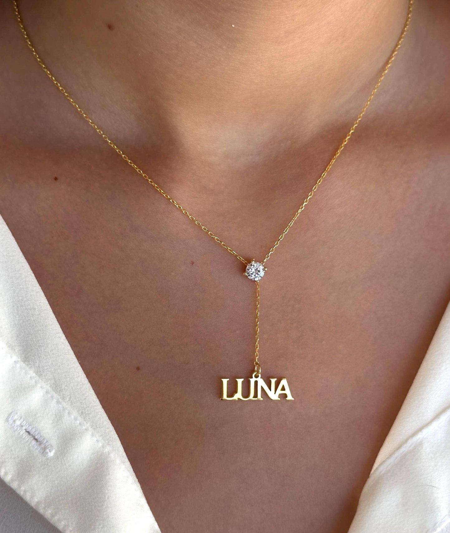 Custom Name Lariat Necklace: Personalized Y Drop, Solitaire Diamond Pendant Minimalist Jewelry Gift